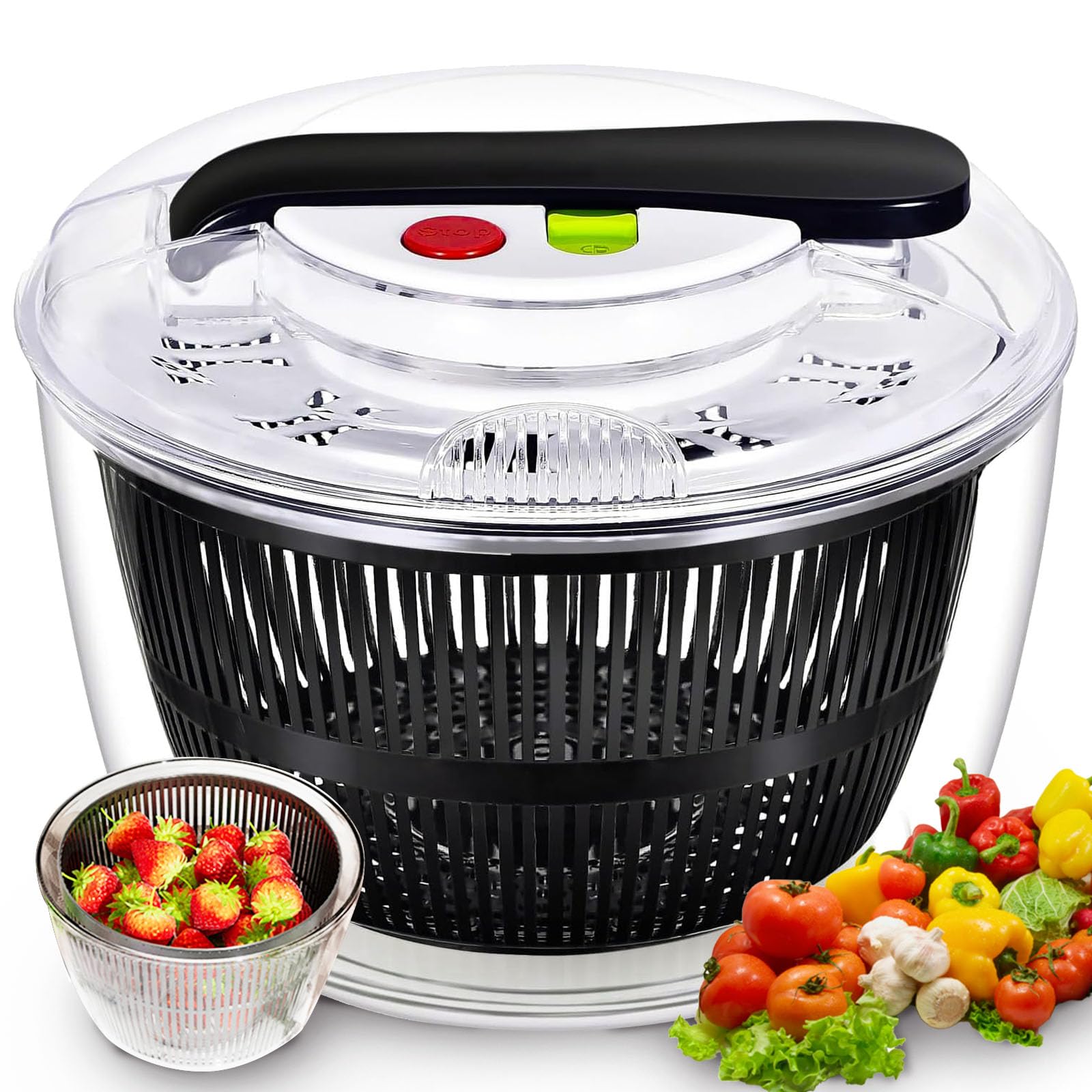 YumLock Large Salad Spinner, Manual Button Salad Dryer with 5L Bowl, Vegetable Washer and Dryer, Lettuce Cleaner and Dryer, Kitchen Veggie Rotating Drain Basket, Fruit Storage Container for Fridge