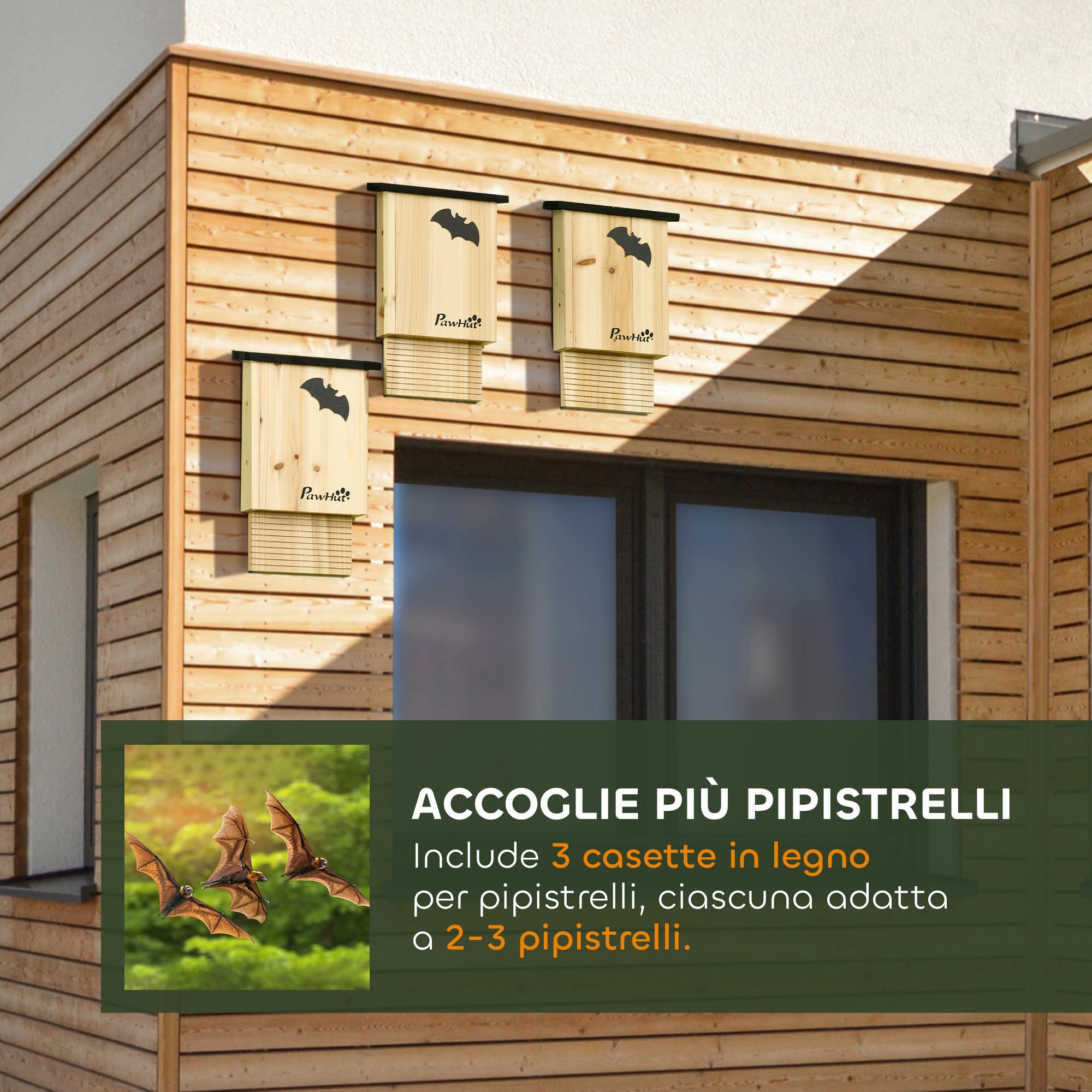 PawHut Set di 3 Casette per Pipistrelli in Legno di Abete, Rifugio per Pipistrellini per Giardino ed Esterni, Bat Box Facile da Appendere, 25x6x37.5 cm, Legno Naturale