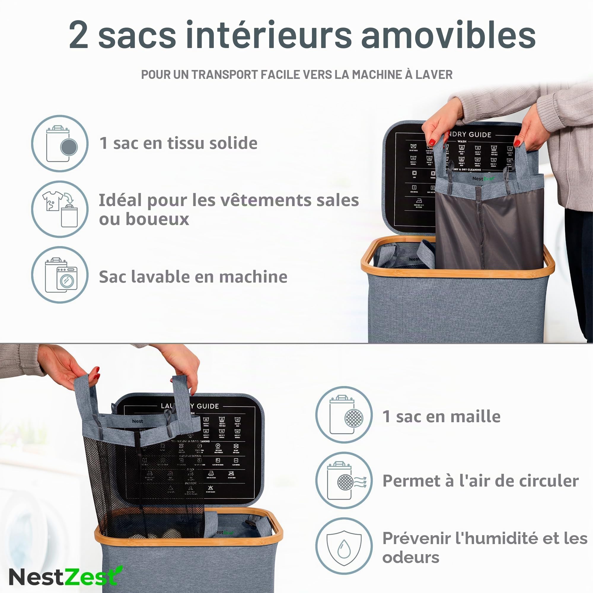 Nest Zest Panier à linge double de 100 l avec couvercle, 2 compartiments pour trier le lavage, panier à linge avec guide d'entretien et 2 sacs intérieurs amovibles, panier à vêtements sales avec