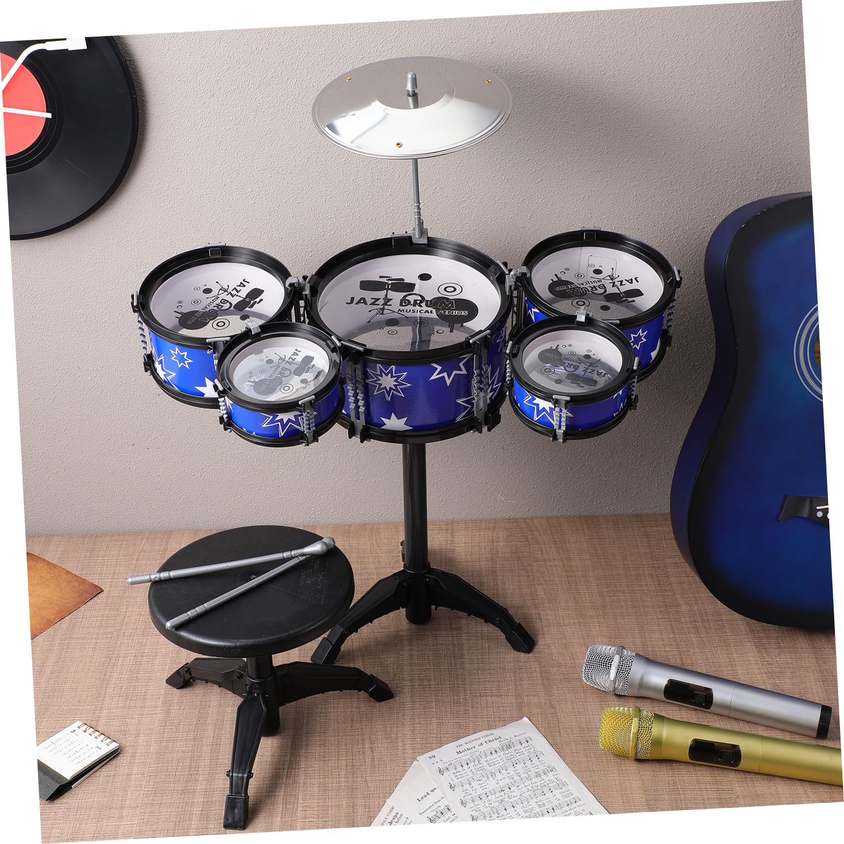 SUPVOX Set di Batteria 5 Tamburi in Plastica per Bambini 21 Pollici Strumenti Musicali Percussioni Sgabello e Bacchette , Gioco Educativo per Bambini Piccoli