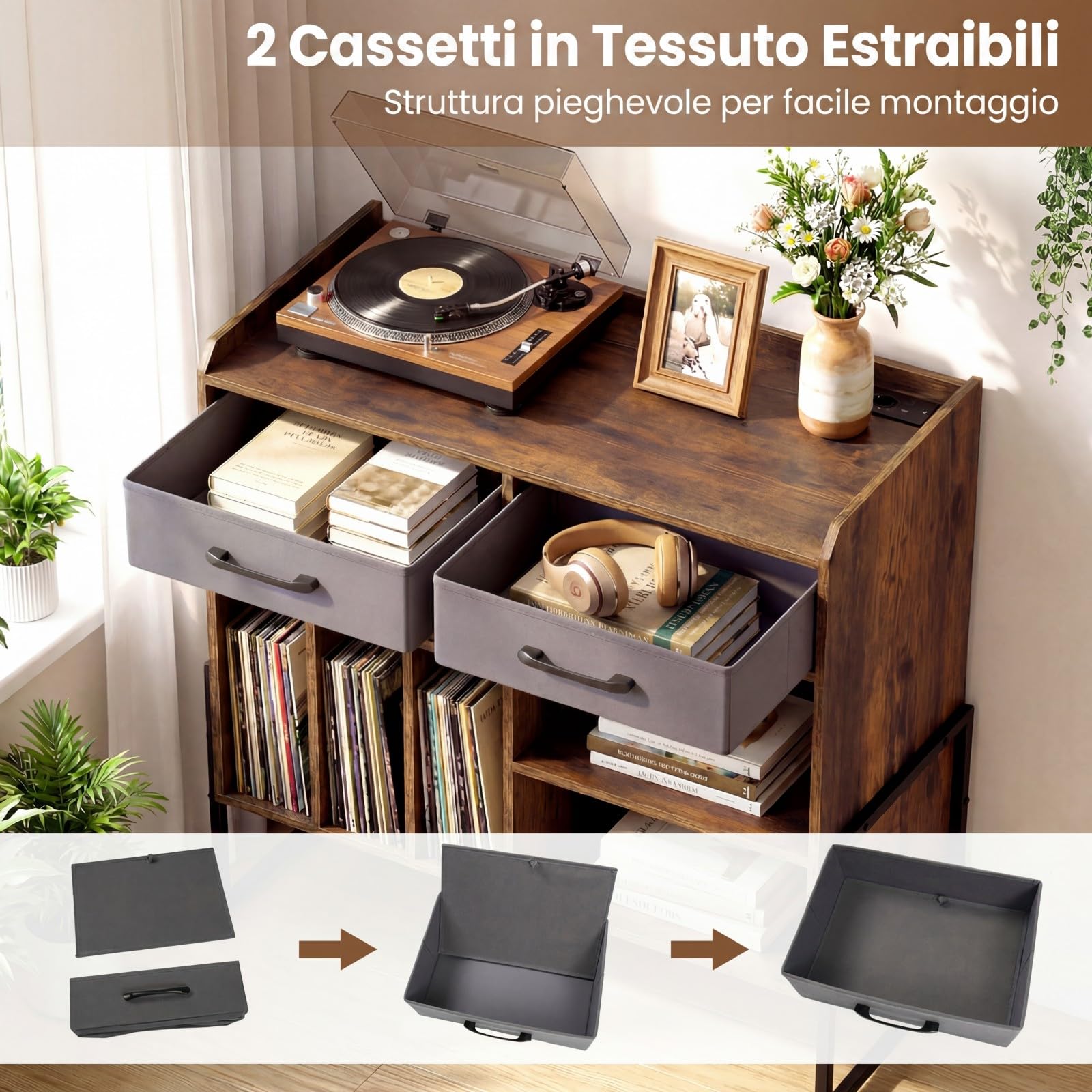 COSTWAY Supporto per Giradischi in Vinile, Mobile per Giradischi con Stazione di Ricarica, 2 Cassetti Rimovibili in Tessuto e Ripiano Regolabile, Supporto Porta Dischi Vinile per Soggiorno, Studio