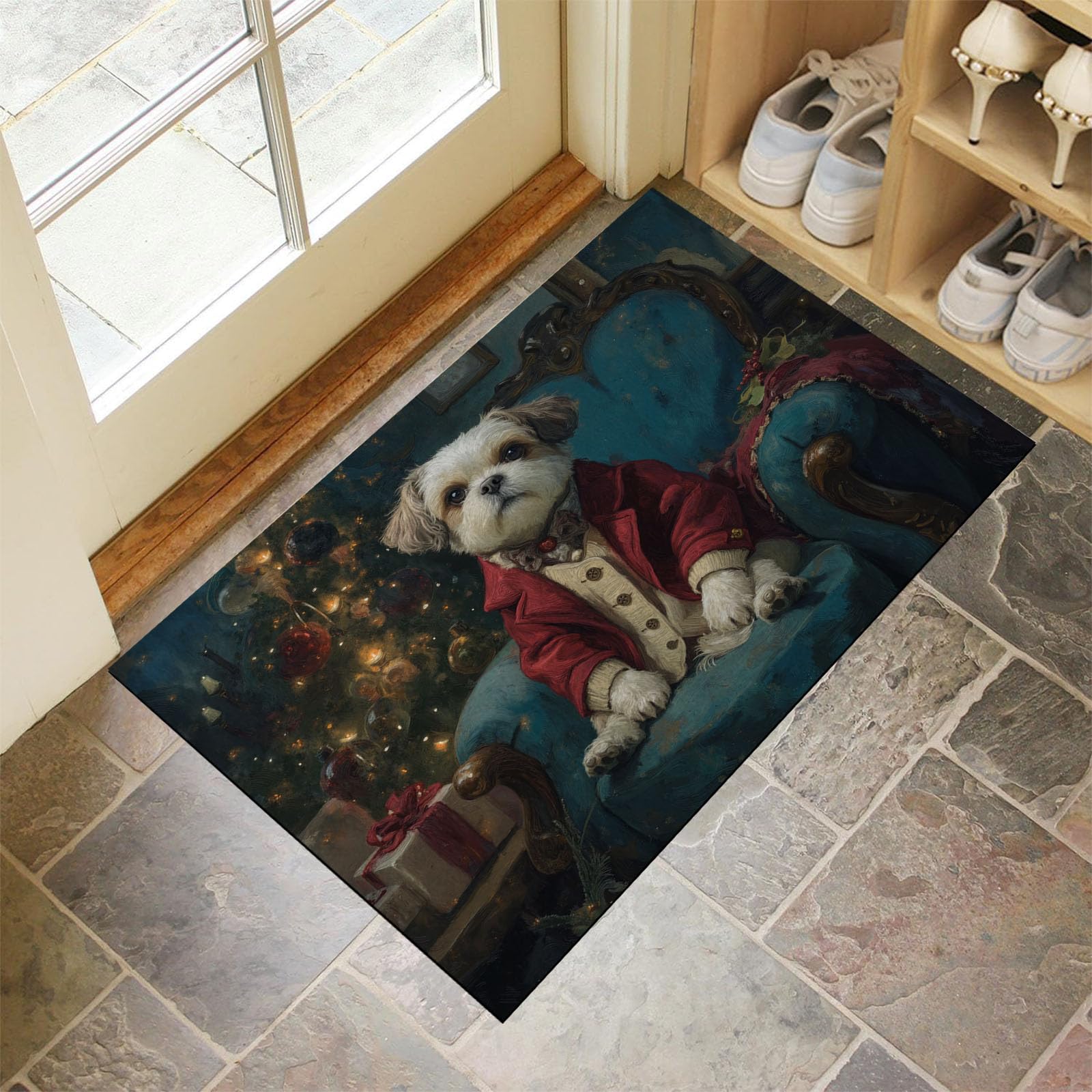 Tapis de sol antidérapant de Noël au style animal médiéval pour une cuisine ou entrée cosy