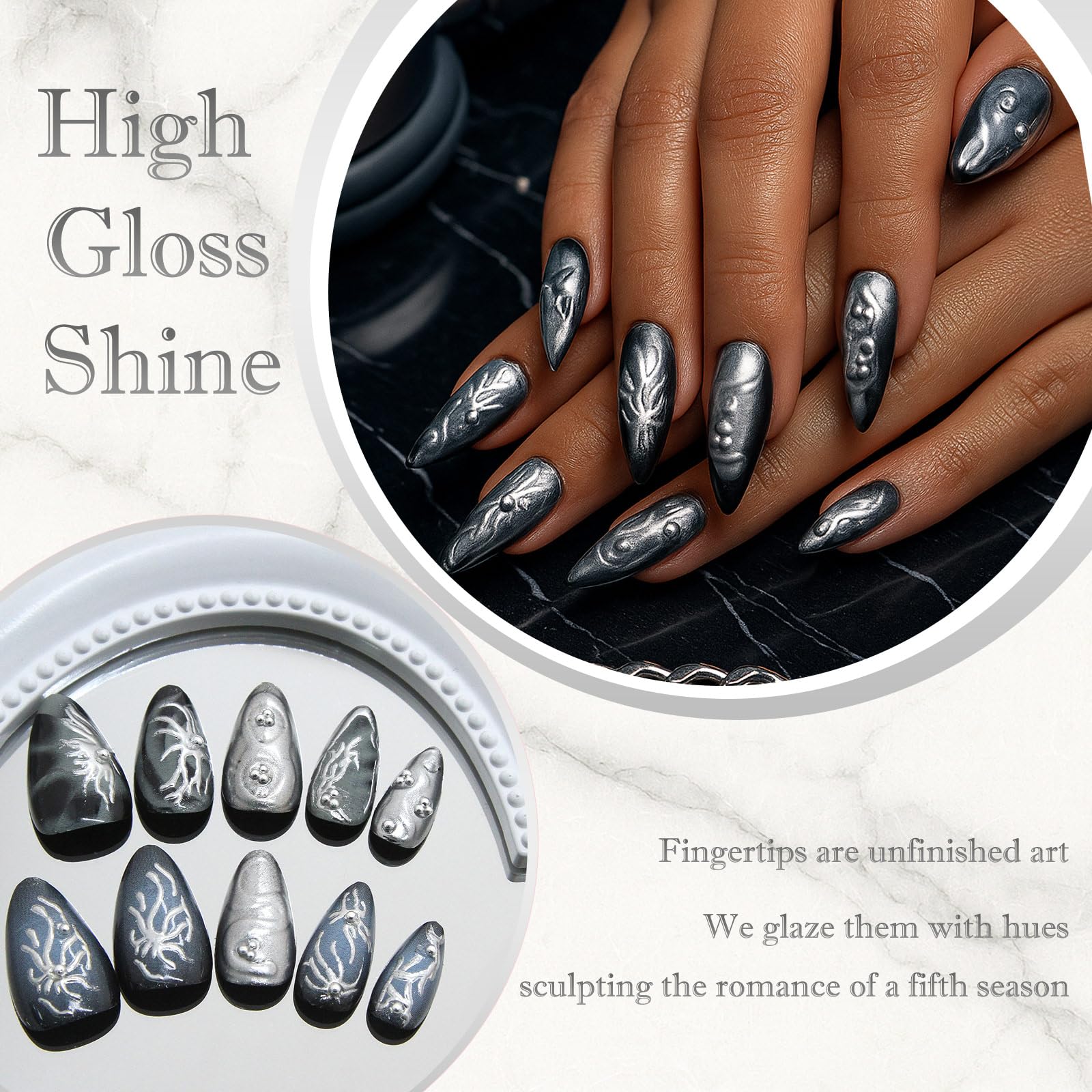 Medium Almond Gothic Metallic Press On Nails, 30PCS Dark Black Silver 3D Art with Pearls and Glitter - Image 3