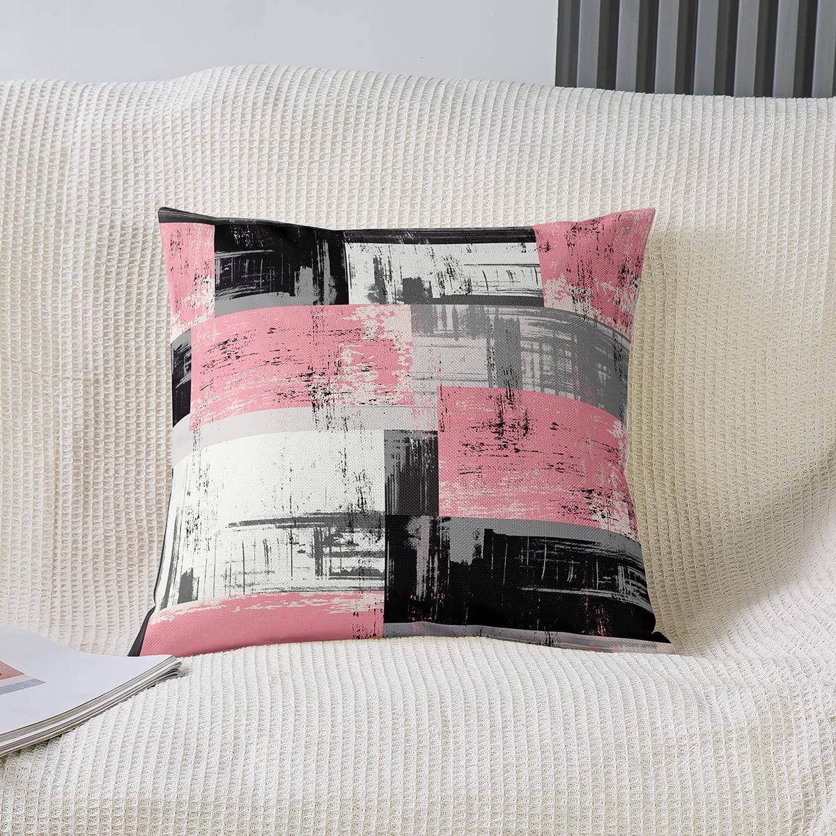 Loussiesd Geometric Reversible Throw Pillow Covers Kids Pink Grey Black Pillow Covers Home Decor for Buffalo Check Square Cushion Covers Set of 2 Modern Art 20x20 Inch โ image 1