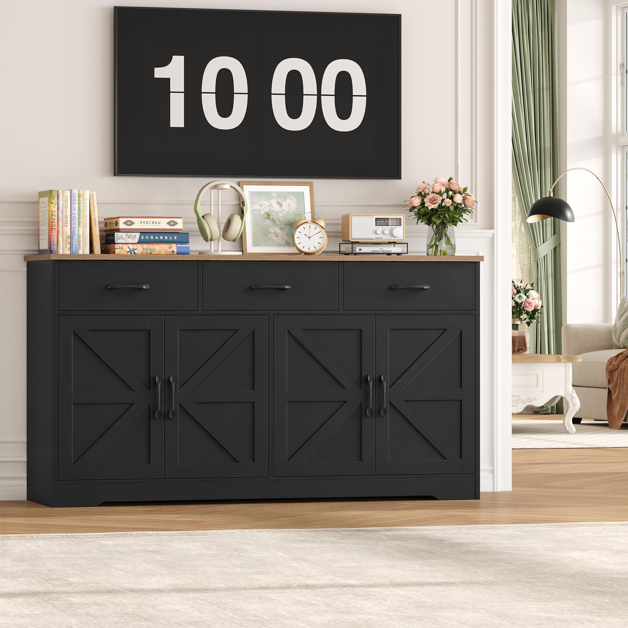HOCSOK Credenza Cucina, 150 cm Madia Dispensa Cucina con 3 Cassetti 4 Ante, Mobile TV con Ripiani Regolabili per Soggiorno, sala da pranzo, Ingresso, Credenza Soggiorno, 150×81.5×38.5 cm, Nero