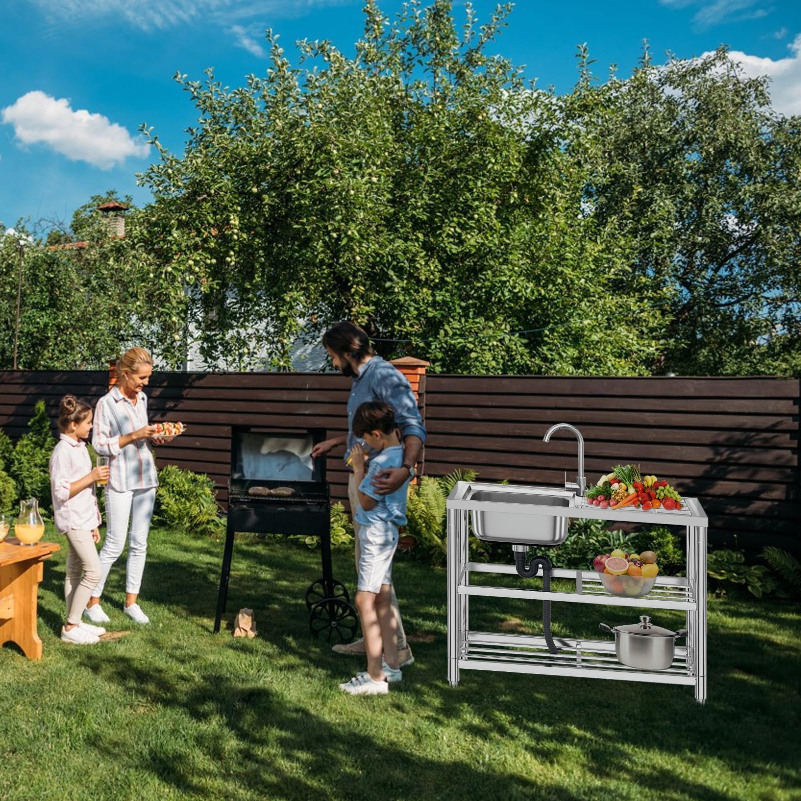 Bostar Fregadero de Cocina Independiente de Acero Inoxidable 75x40x80cm, Lavadero de Un Seno para Agua Fría/Caliente, Mueble con Estante de Almacenamiento para Exterior Garaje Jardín