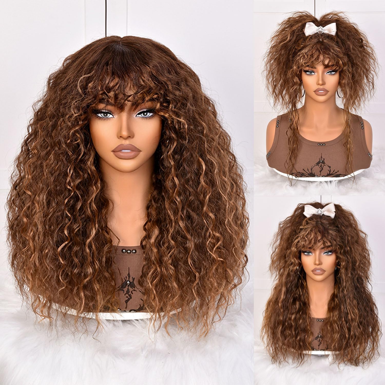 Lizzy 18Inch Curly Human Hair Wigs for Women with Bangs Bouncy Natural Curly Wig 180% Density Long Kinky Curly Hair for Daily Use (Highlight Mix Brown)