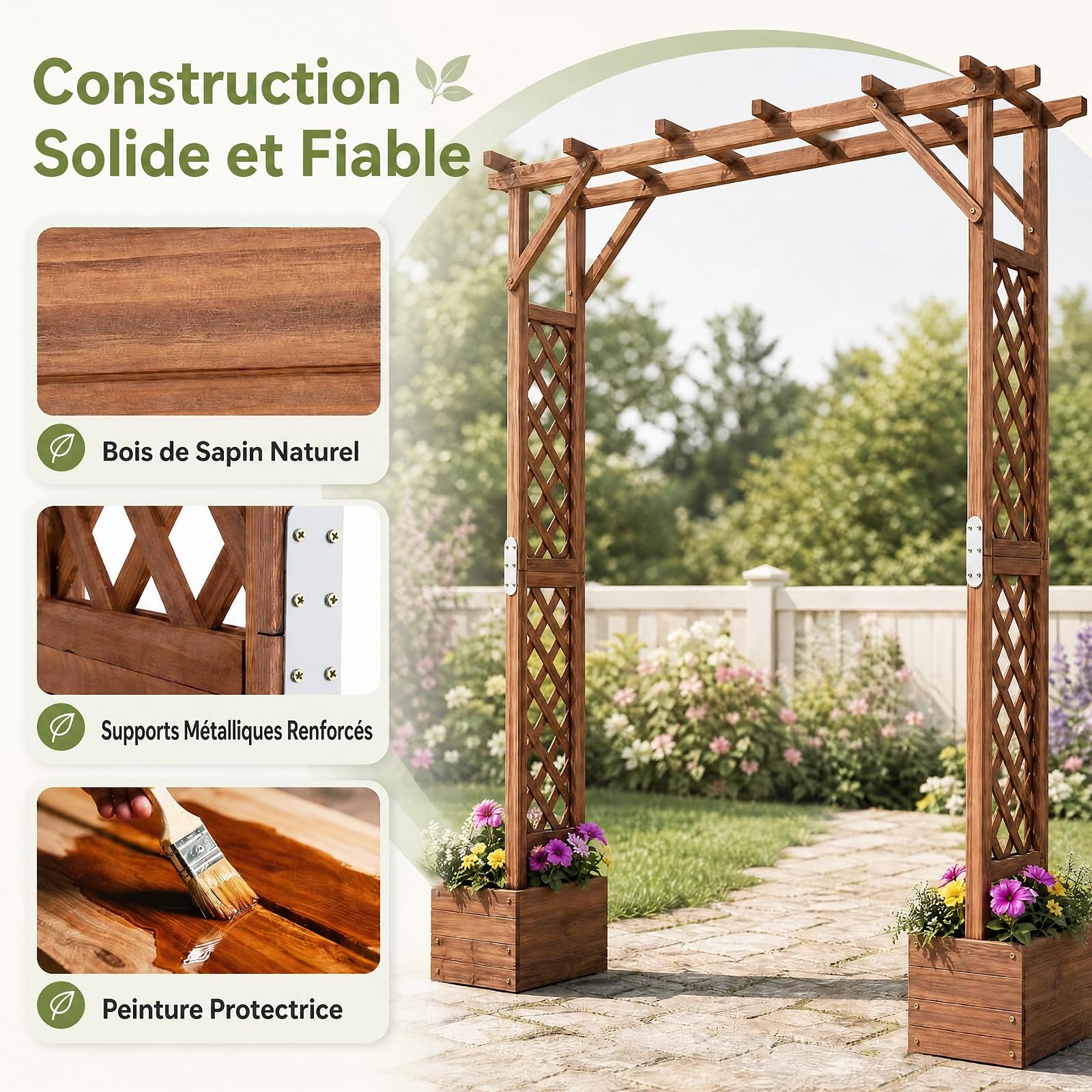 GYMAX Arche de Jardin en Bois avec 2 Bacs à Fleurs pour Plantes Grimpantes