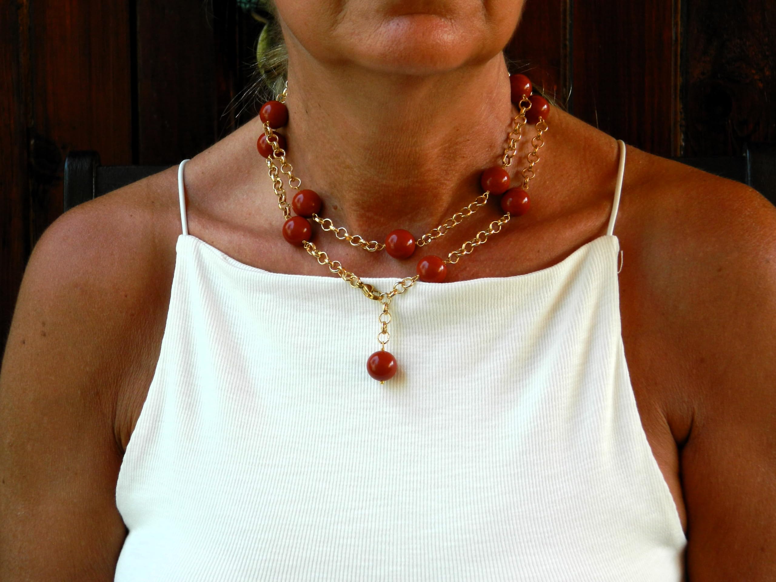 Collana Lunga Donna in Pasta di Corallo Rosso Sardegna – Catena Dorata 87 cm – Handmade in Italia – Anallergica – DodiGioielli