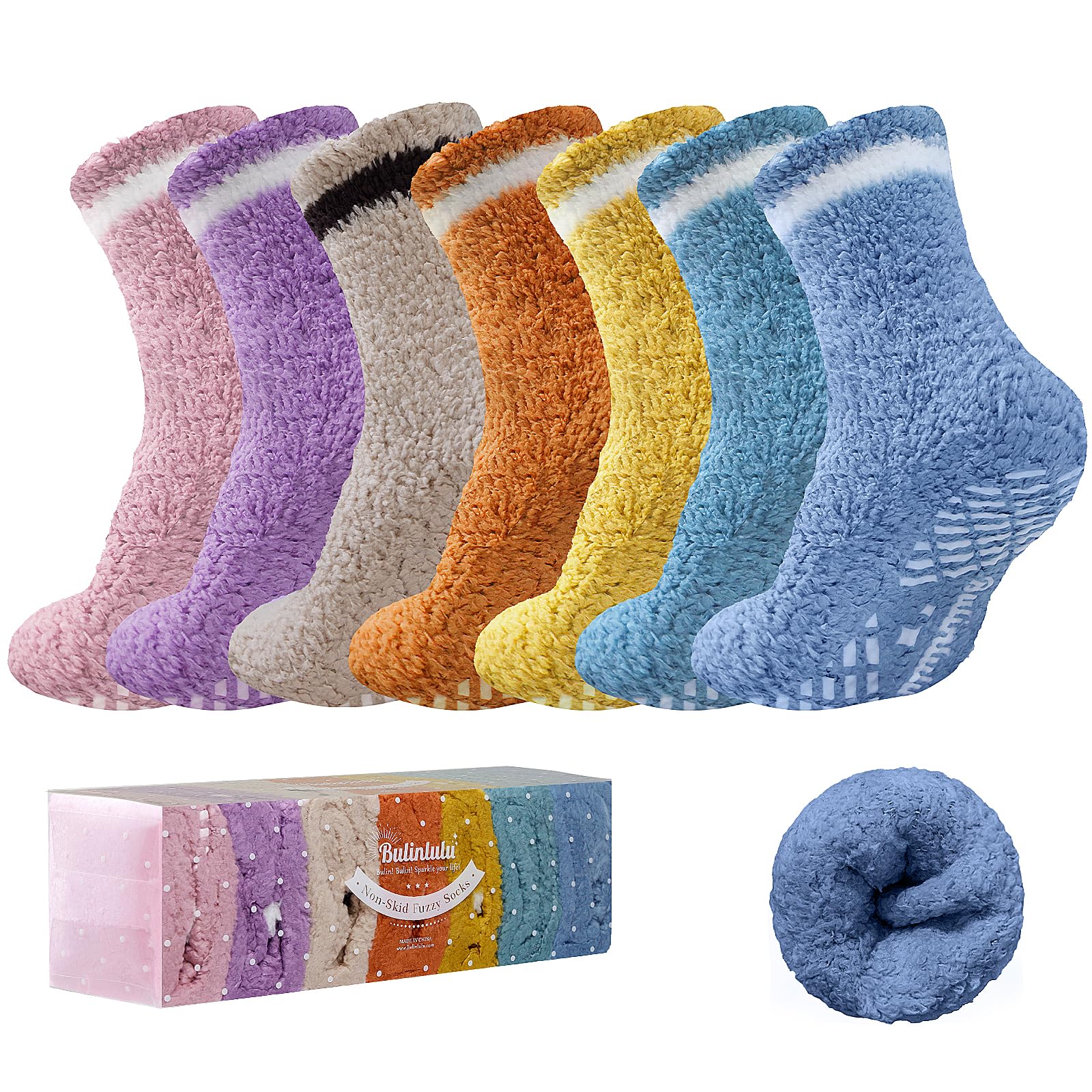 Bulinlulu Fuzzy Socks With Grips for Women 5 Pairs Non Slip Sleep Warm Fluffy Slipper Socks with Grippers for Women