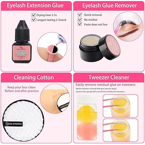 Miniatura 6 de Kit de extensión de pestañas para principiantes, con cabeza de maniquí, pegamento de pestañas individual, removedor de pestañas, abanico,