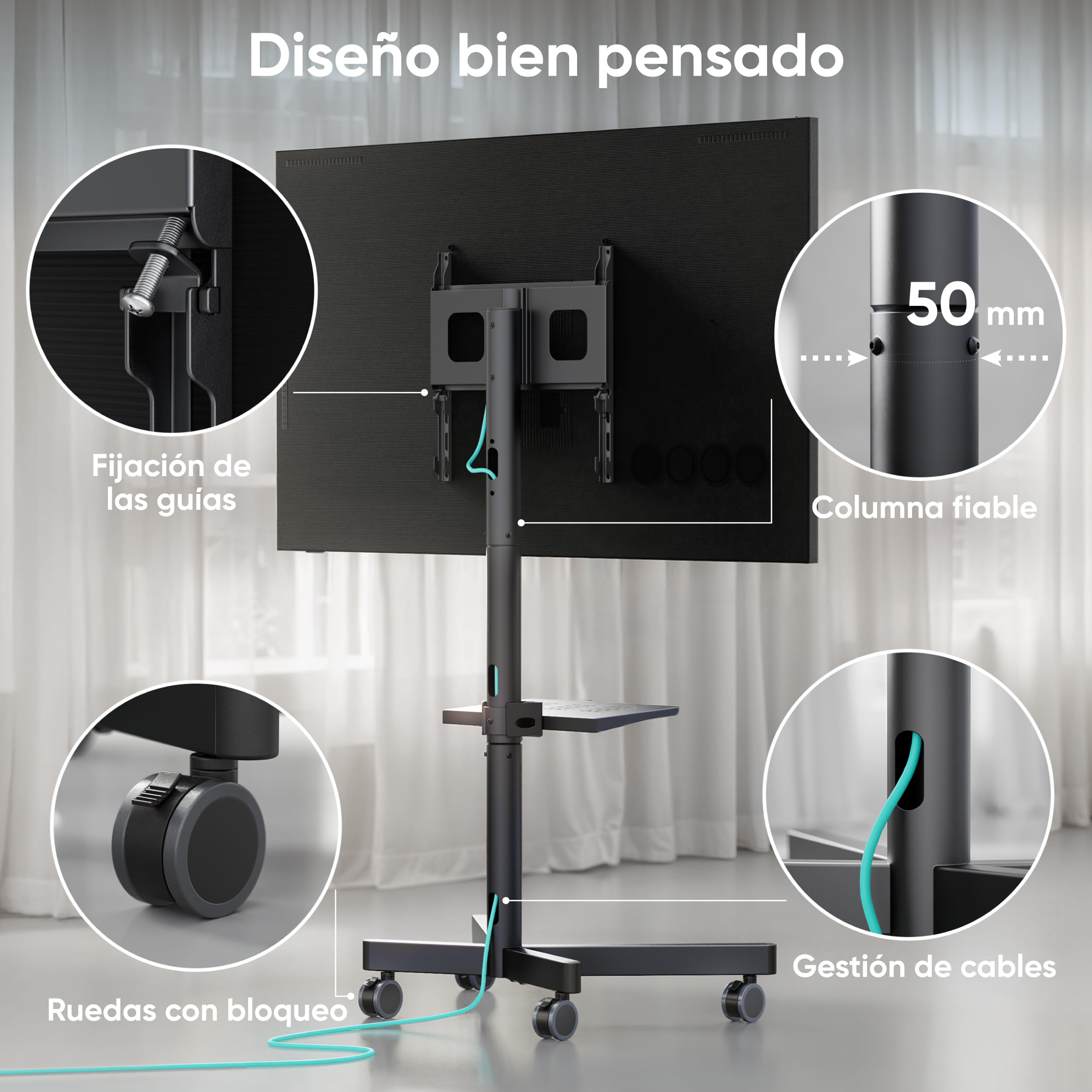 ONKRON Soporte TV con Ruedas 23-60 Pulgadas, Carga Total 45 kg, VESA 100x100-400x400 mm, Carro para Televisor Ajustable en Altura, con Estante AV, Pie para Television Móvil, Color Negro TS1137-B