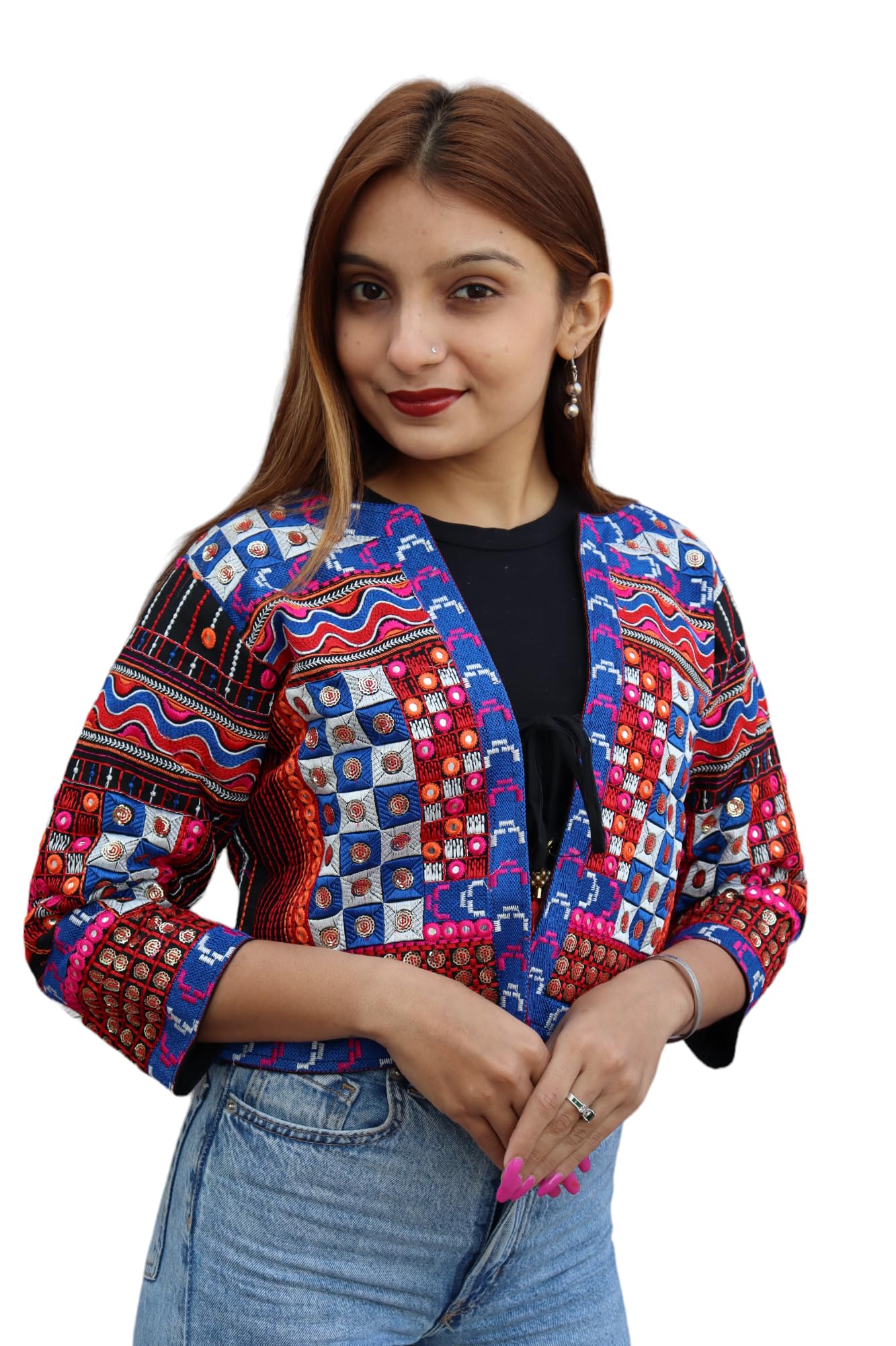 odhan Women's Embroidered Crop Jacket, Multicolour, Ethnic Kutchi Style, 3/4 Sleeve-picture-15