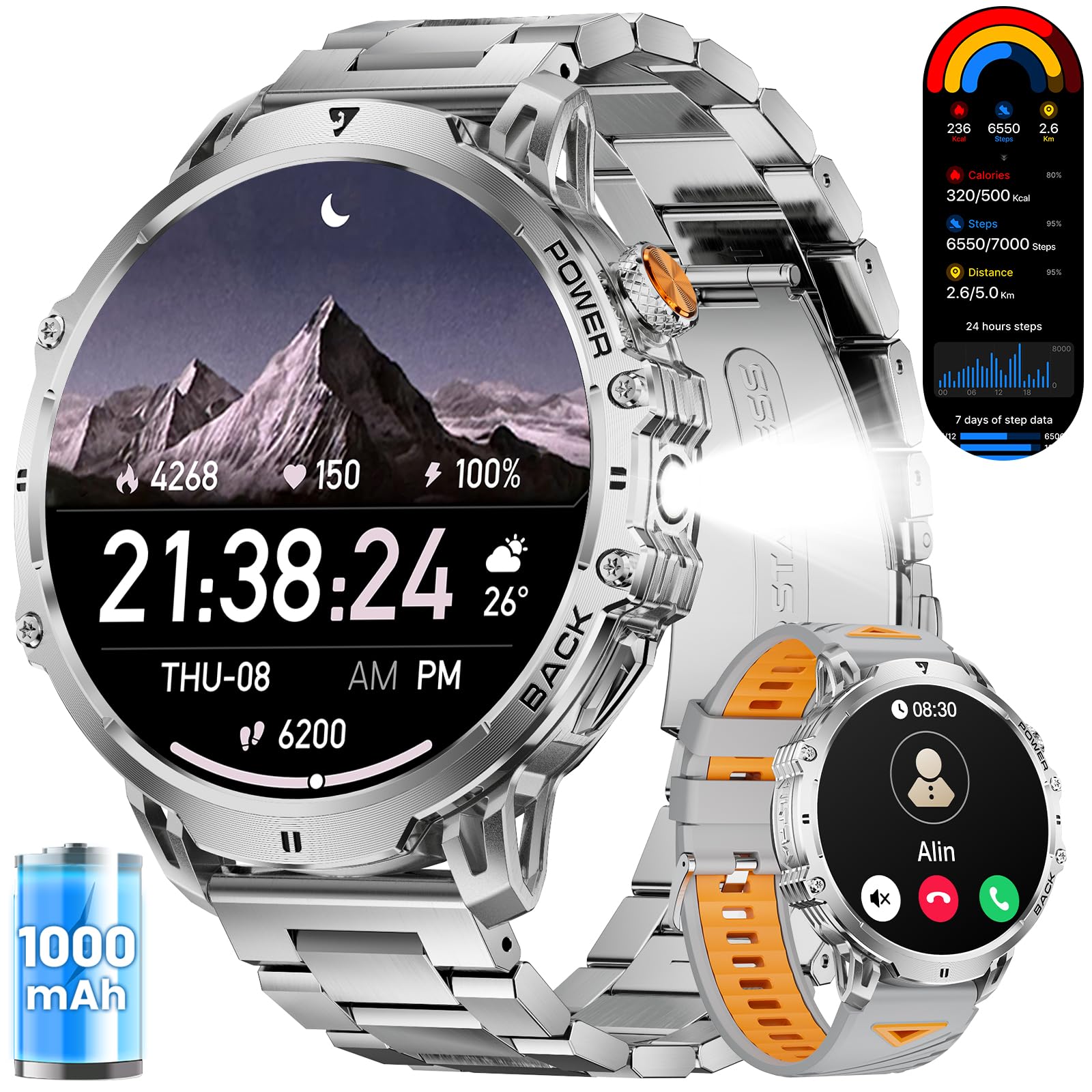 LIGESmart Watch with 1.85" HD Large Screen, Android iPhone Smart Watches for Men with 1000mAh Battery/LED Flashlight/50M Waterproof/,120+ Sports Fitness Tracker Watch, Silver (Double Straps)