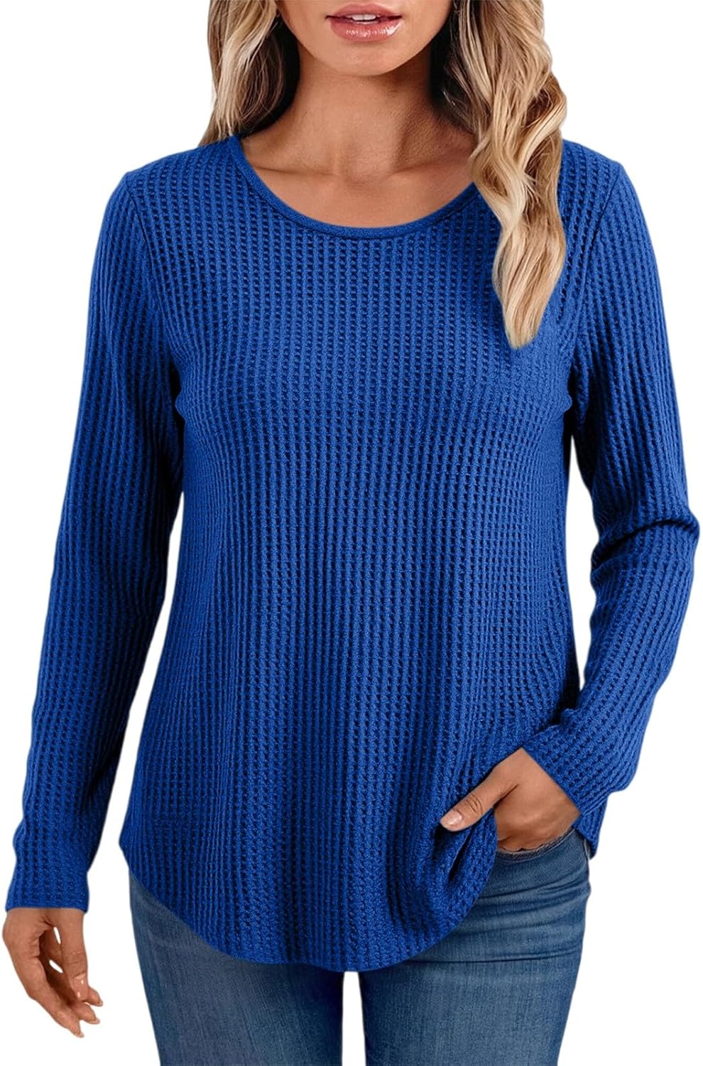 Women Waffle Knit Crewneck Top,Long Sleeve Loose Casual Streetwear Shirt | Delicate waffle texture, lightweight breathable material for outdoor street and daily dressing