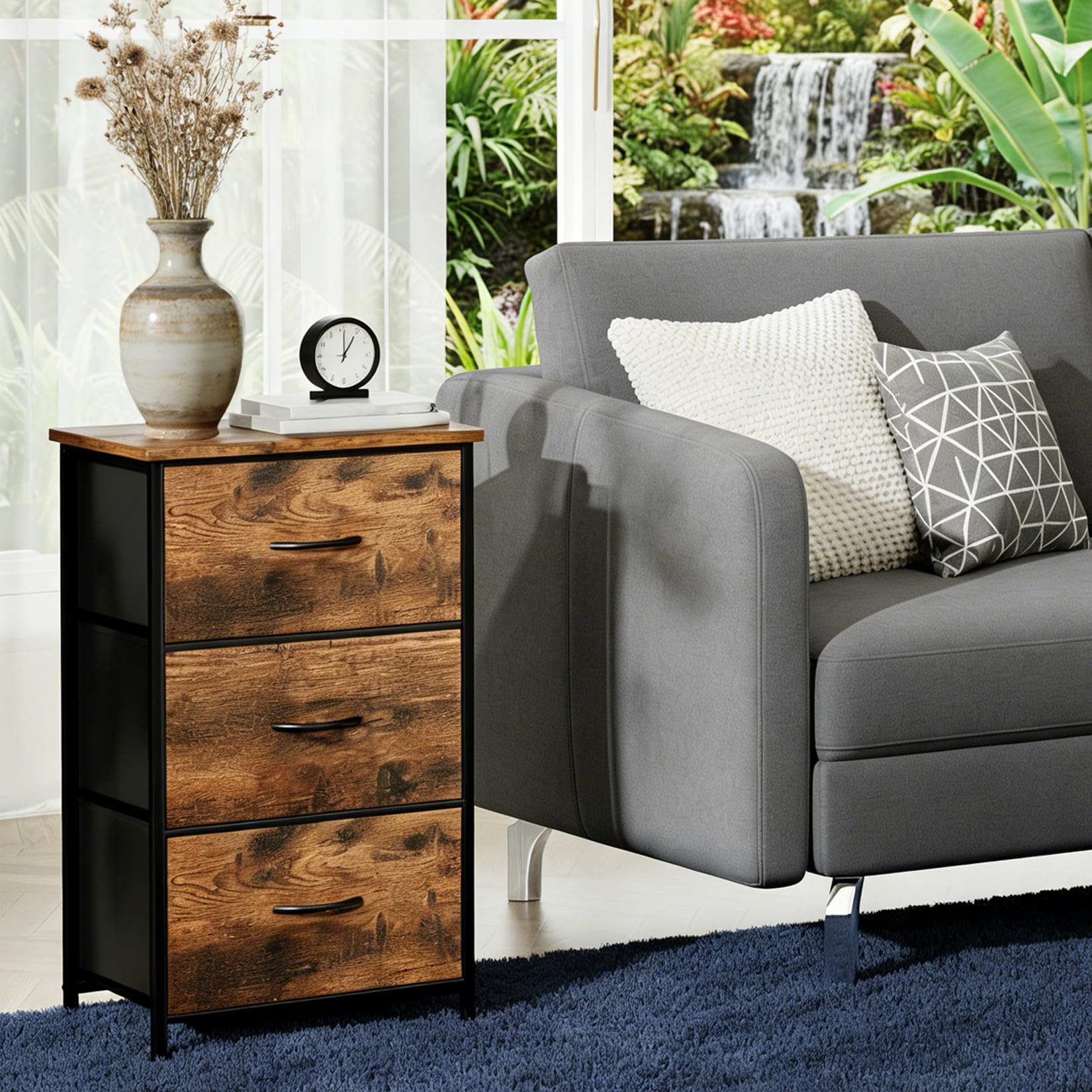 Commode étroite 3 tiroirs en Tissu Amovibles, Meuble de Rangement Gain de Place Style Grain de Bois - Cadre en métal - Pieds réglables - Montage Facile - Rétro + Noir