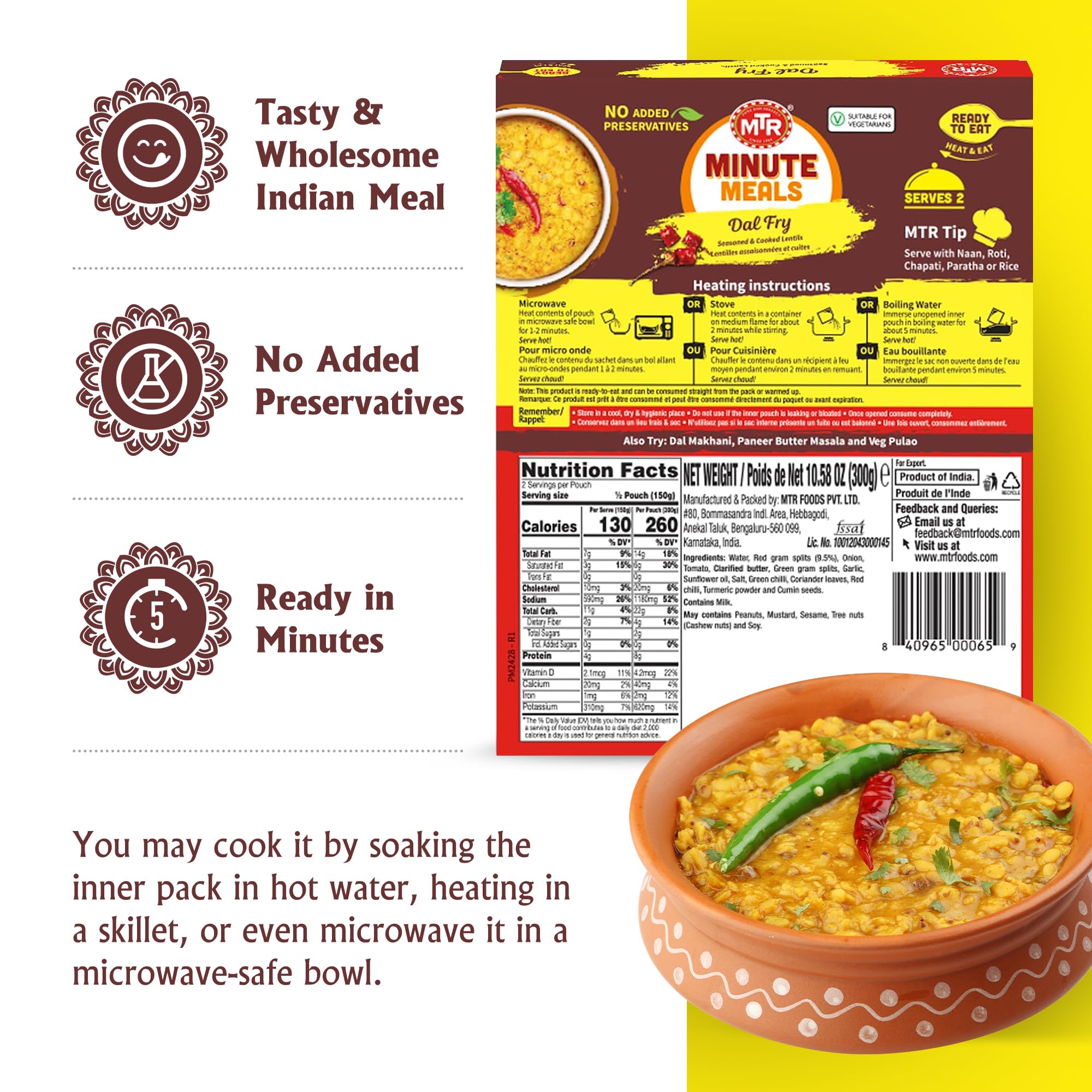 MTR - Minute Meals: Dal Fry - Flavorful Seasoned & Cooked Lentils - Authentic Indian Ready-To-Eat Meal - No Added Preservatives - A Quick Meal Suitable for Vegetarians, Ready in Minutes! (Pack of 6)