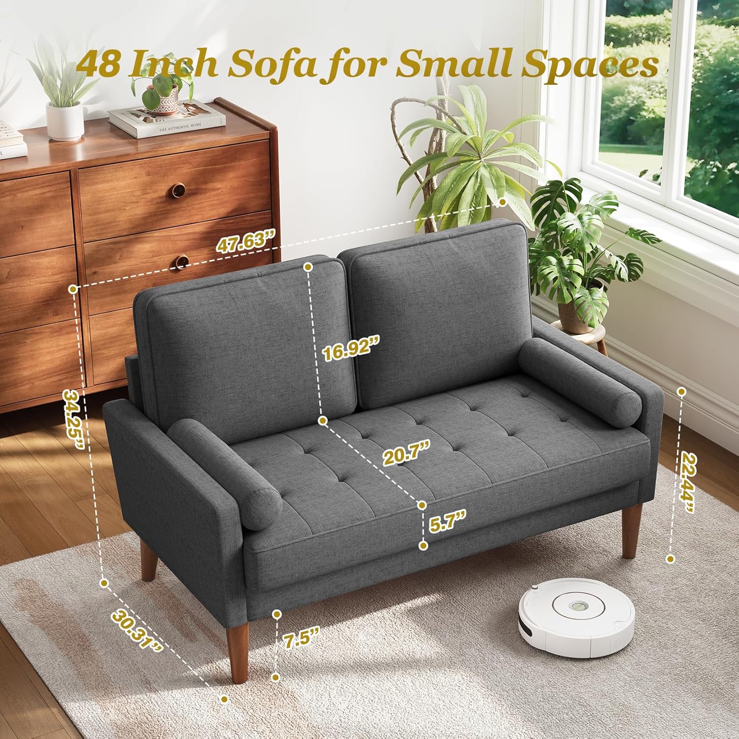 Vesgantti Loveseat Sofa with Solid Wood Legs, 48" Small Couches for Small Spaces, Love Seat for Living Room, Bedroom, Easy Assembly Mid Century Modern Couch with Throw Pillow for Apartment, Grey