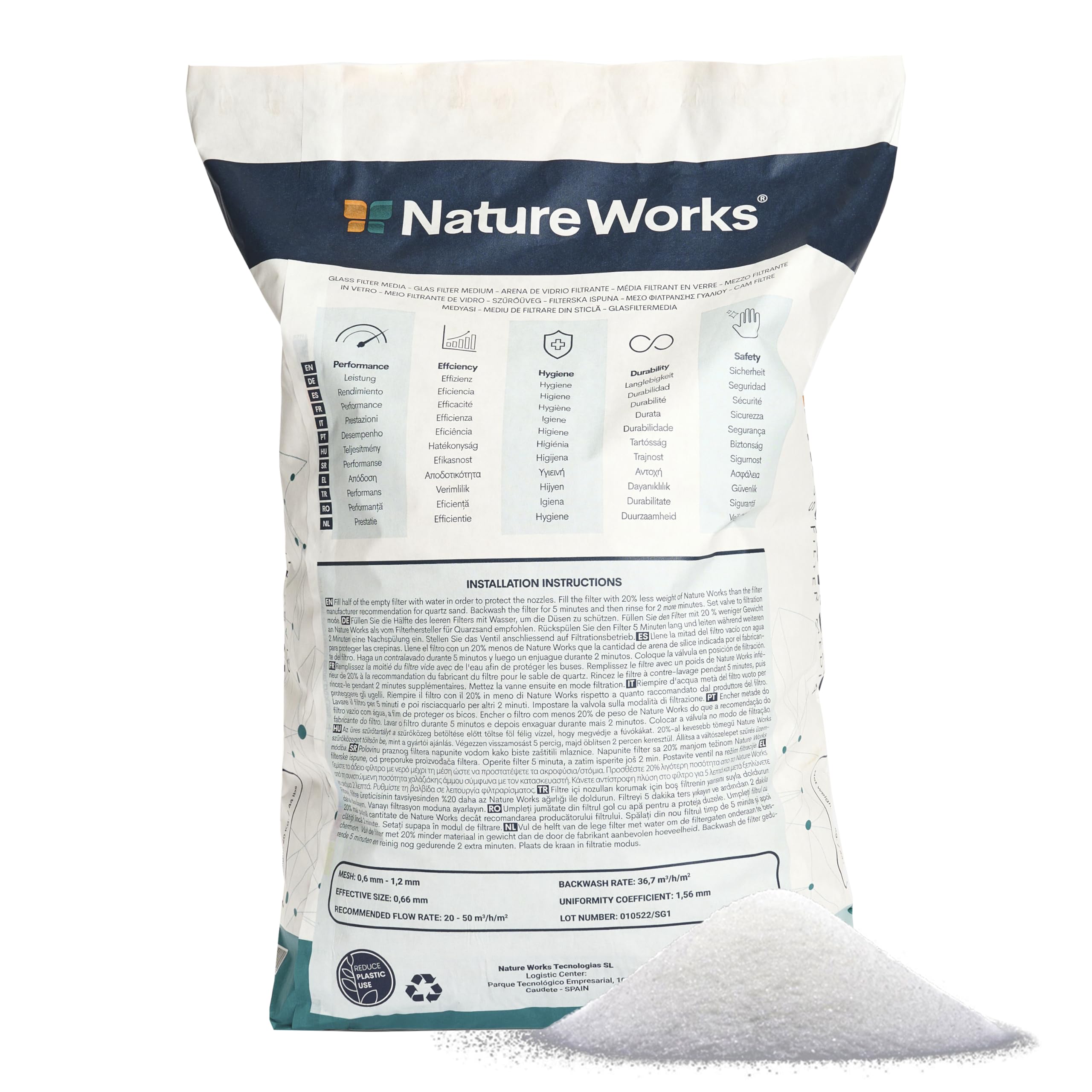 NATURE WORKS Hi-Tech Sable en verre fitrant pour piscine 20 kg