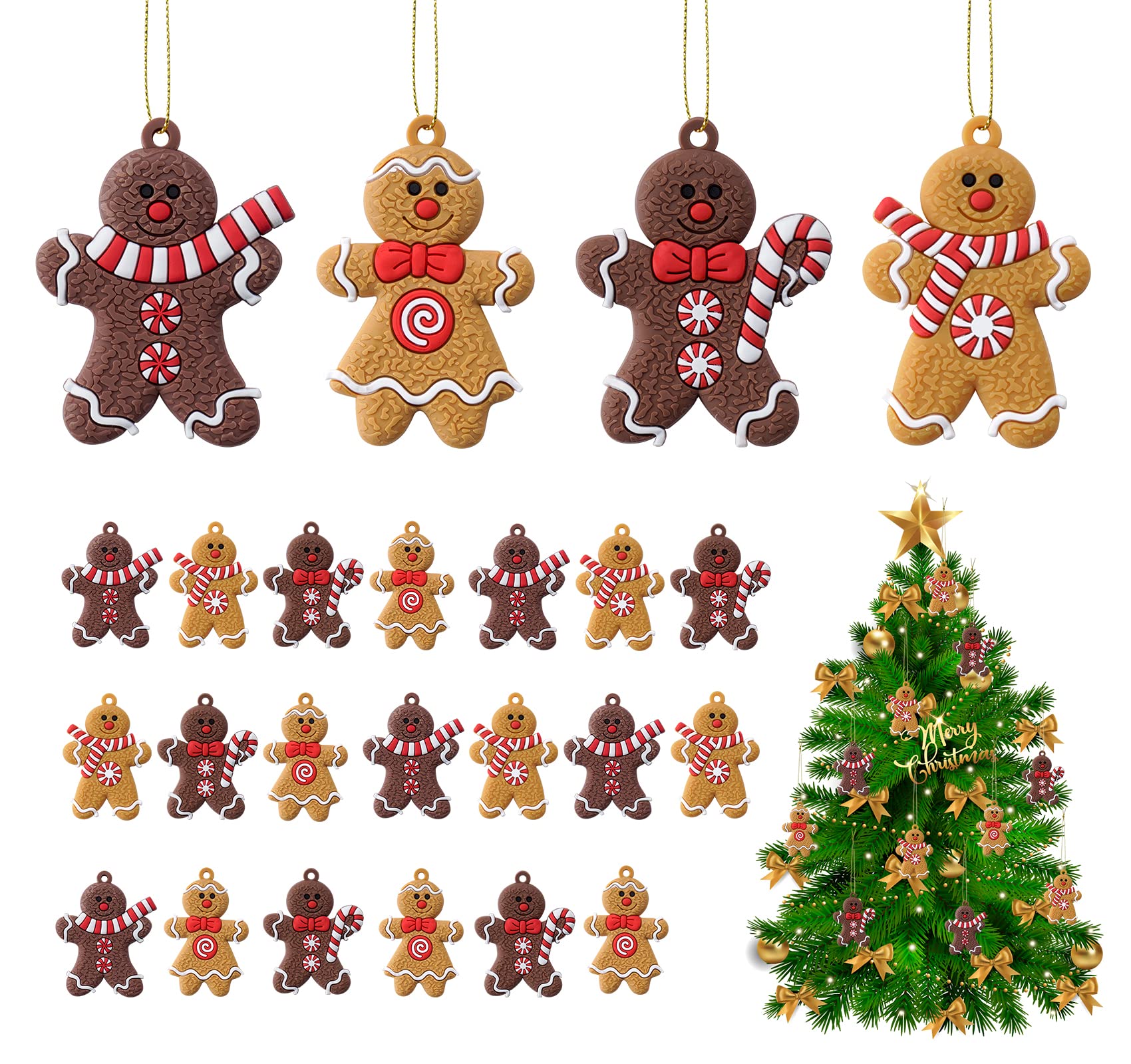 12 Décorations Noël Bonhomme Pain D'Épice - Pour Sapin, Couronne, Guirlande - Avec Ficelle - PVC Souple