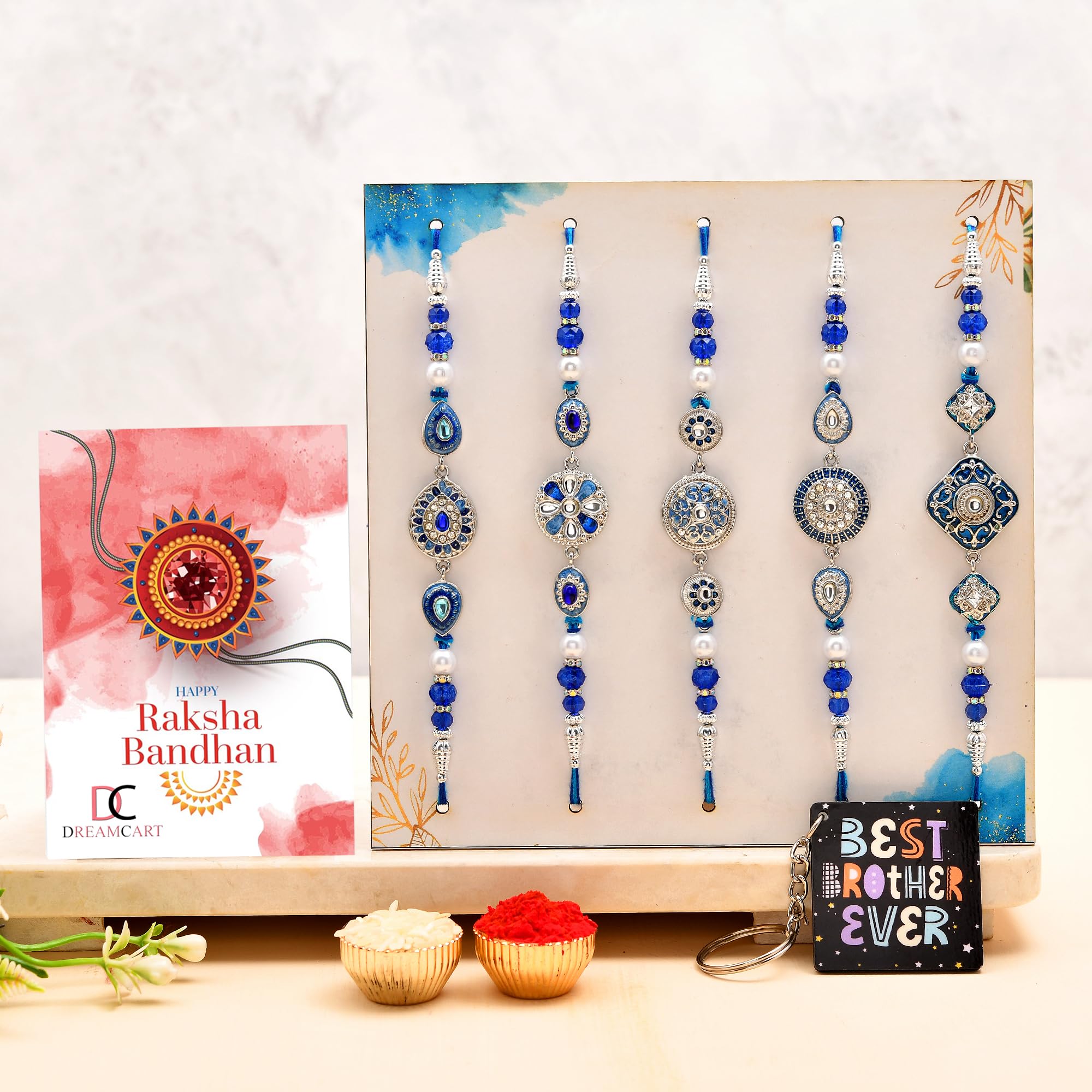 Premium Set of 5 Blue Designer Rakhi Combo – Handcrafted Meenakari & Stone Rakhi with Best Brother Ever Keychain and Roli Chawal Set-image-31