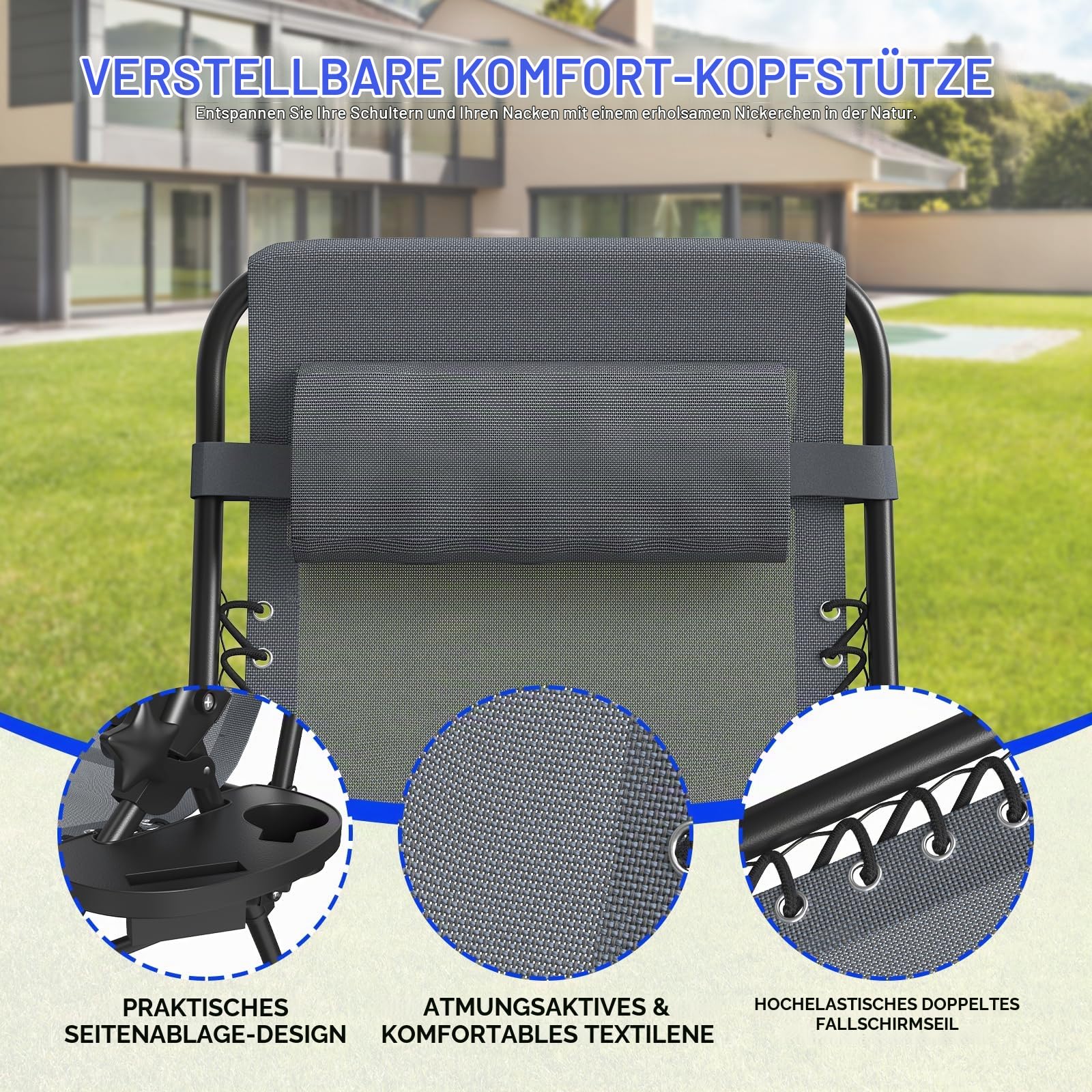 2er Set Klappbarer Liegestuhl, Gartenliege Extra Breit 64cm-Textilene-Relaxliege Verstellbar Rückenlehne mit Getränkehalter & Kissen, Faltbar Sonnenliege Tragbar für Camping Balkon, bis 120kg, Grey