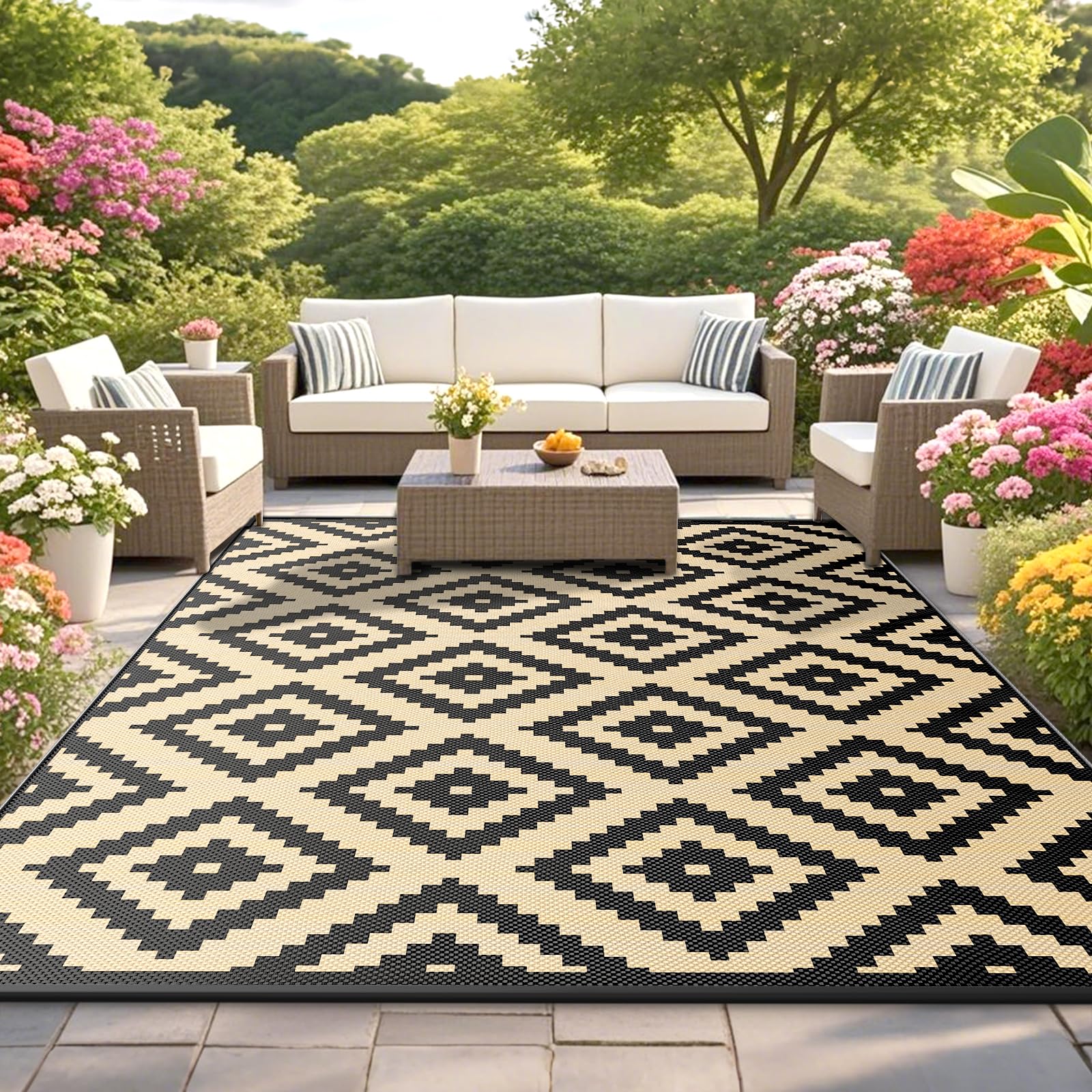 Habaylin Outdoor Teppich Wetterfest, Wendbarer Balkon Teppich 180x270 cm, Leichtgewicht Picknickdecke Vorzeltteppich für Camping Terrasse Garten, Black