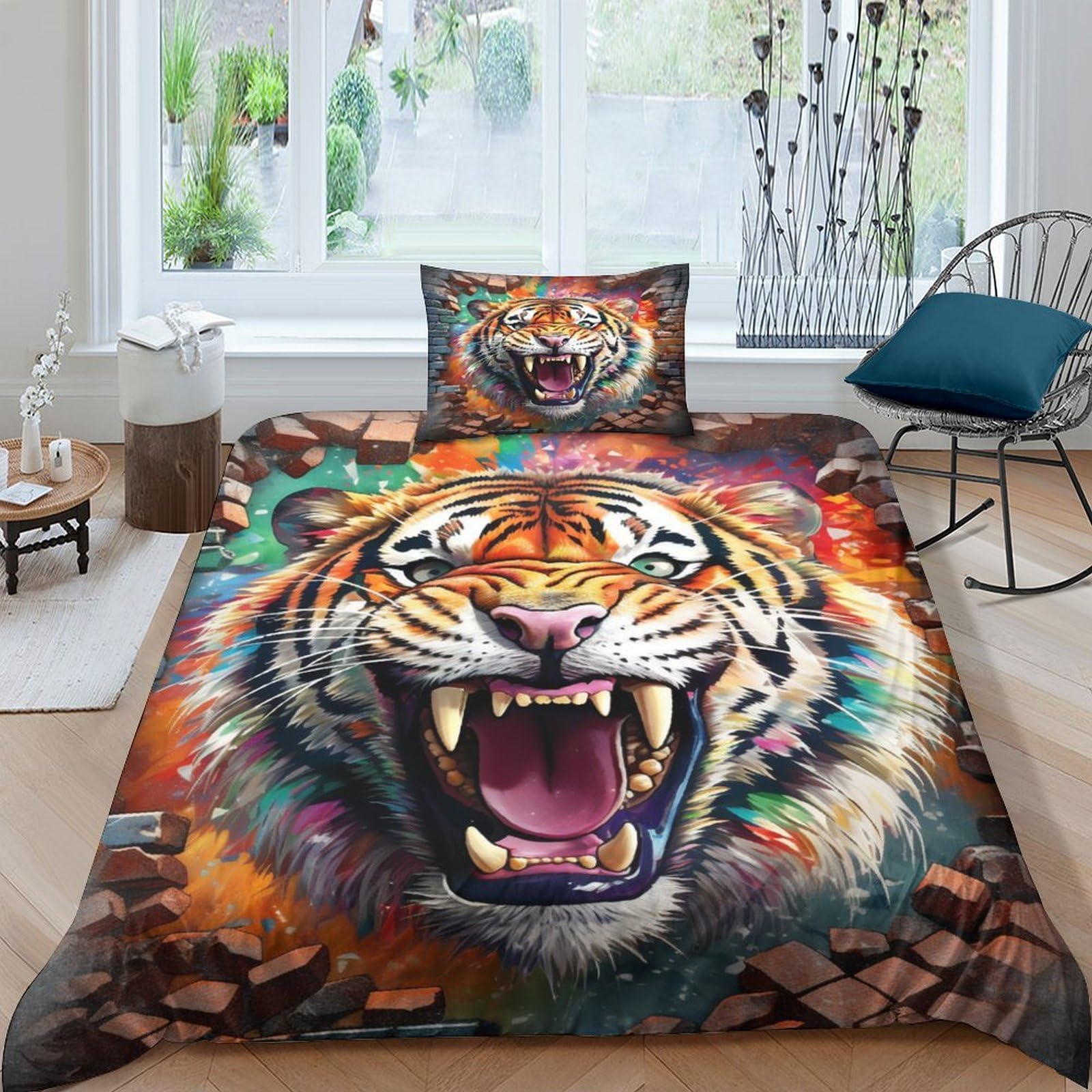 Housses de couettes tigre 3D en microfibre 135x200 pour lit simple