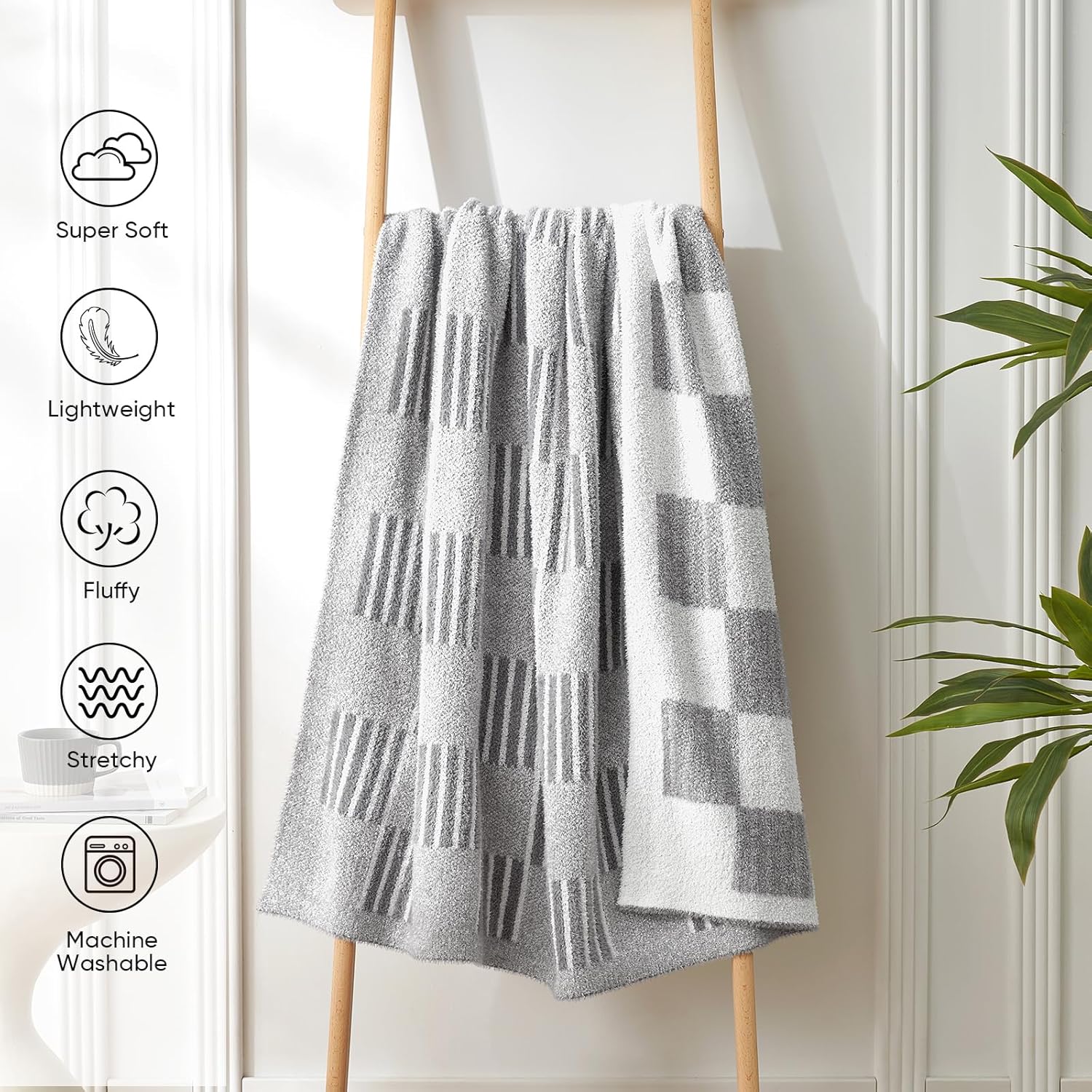 Snuggle Sac Checkered Throw Blanket for Couch,Reversible Soft Cozy Fluffy Blankets for Sofa Bedroom,Cute Lightweight Striped Throws for Women,Heather Light Grey,60x80 inches - Image 6