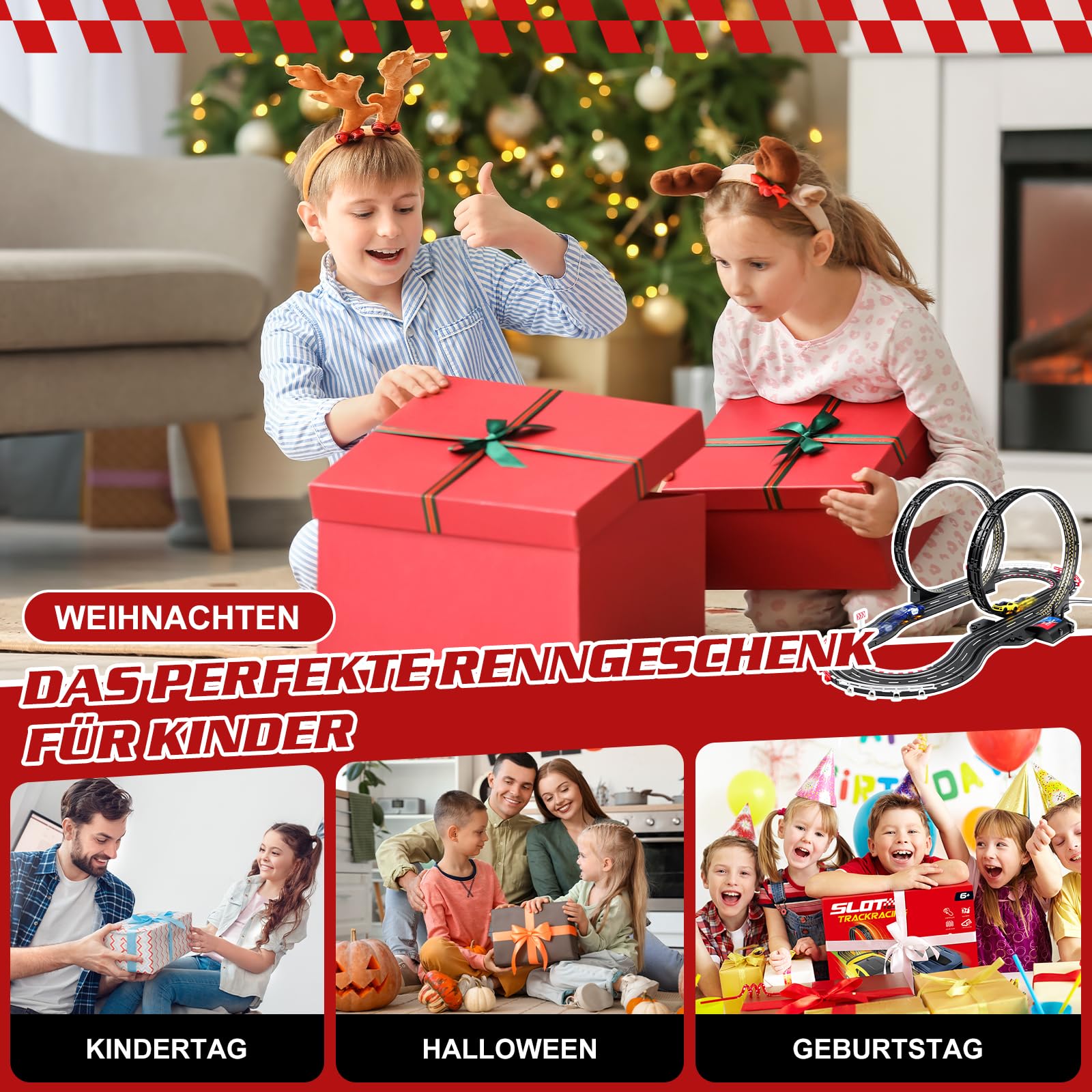 YOOHBERRYS Autorennbahn Elektrisch Rennbahn Kinder 1:64-Rundenzähler 308CM | USB Elektrische Rennstrecke-2 Slotcars, 360°-Looping, Rennstrecke Auto Spielzeug Geschenke Mädchen Jungen 3 4 6-12 Jahren