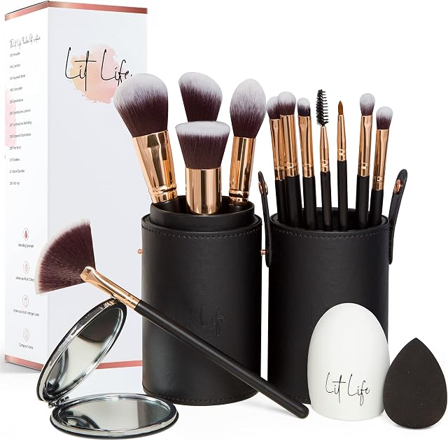 Lit Life Flawless 16-Piece Vegan Makeup Brush Set: 12 Professional Brushes, Holder/Travel Case, Beauty Blender, Brush Cleaner, Compact Mirror & Gift Box
