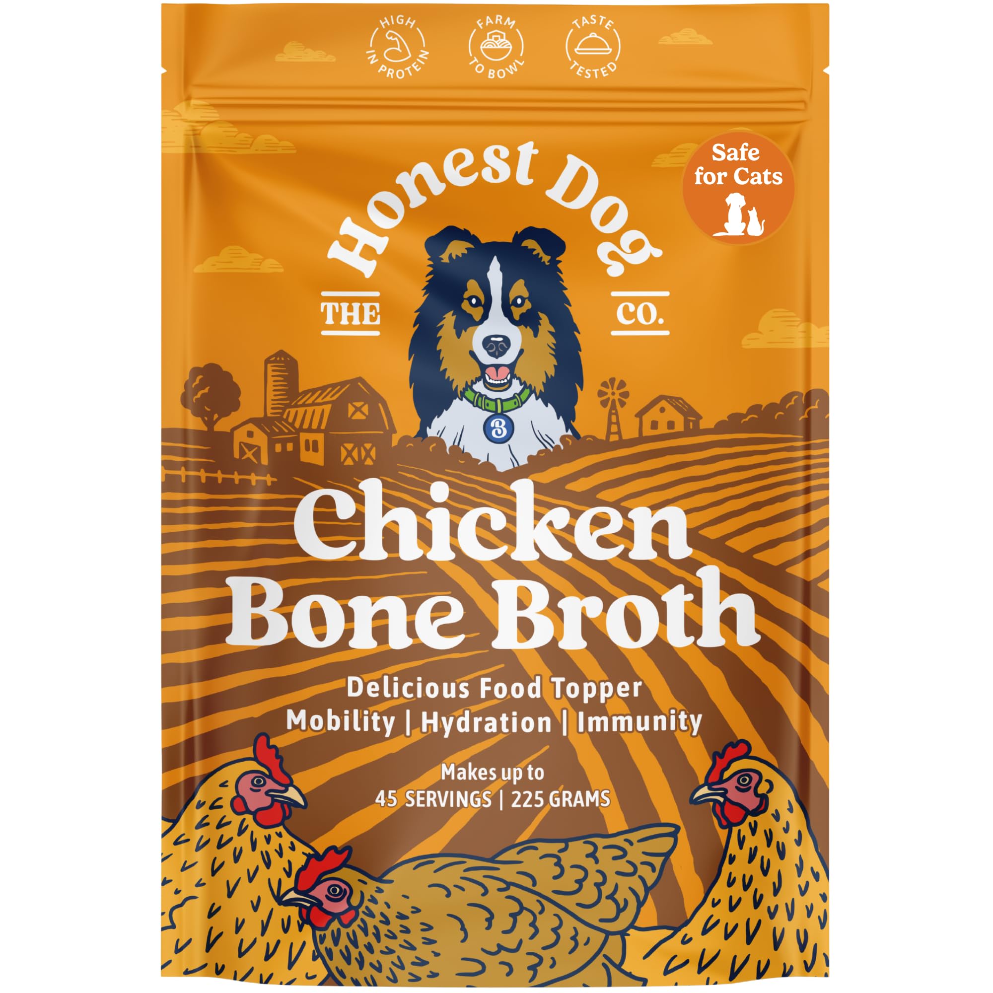 Honest Dog Co. Bone Broth for Dogs and Cats (225 Grams, 30+ Servings) - High in Collagen Protein - Chicken Bone Broth Powder for Dogs - Dog and Cat Food Topper for Dry Food - Gravy Granules
