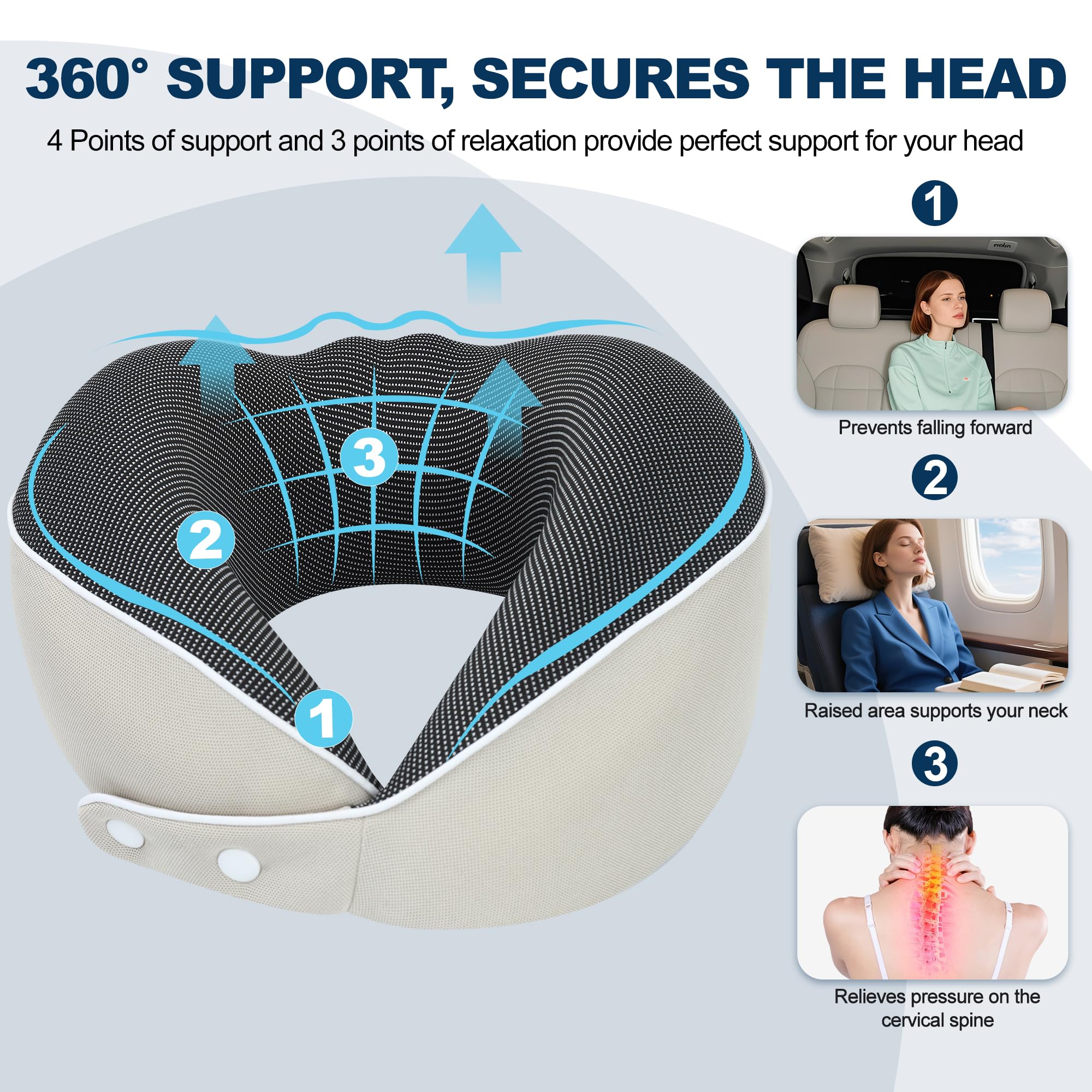 Chumix Cuscino Aereo Viaggio, Pieghevole Regolabile Cuscino da Viaggio Memory Foam con Mascherina per Dormire 3D e Contenitore in EVA, Travel Pillow con Gancio Adatto per Aerei (Beige)