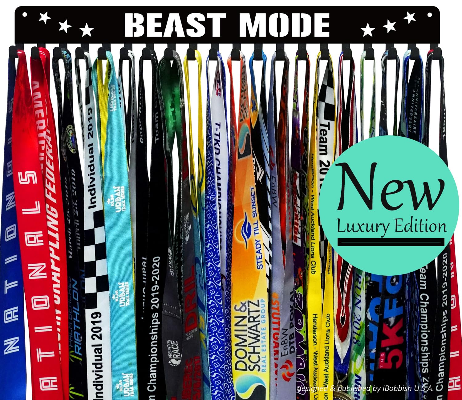 Premium Medal Display Hanger Never Give Up with 20 Hooks,Medal Hanger Display For Wall with 16inchL,race medal display Upgraded Medal Holder display with Simple Design For gymanstics,race,soccer,swim