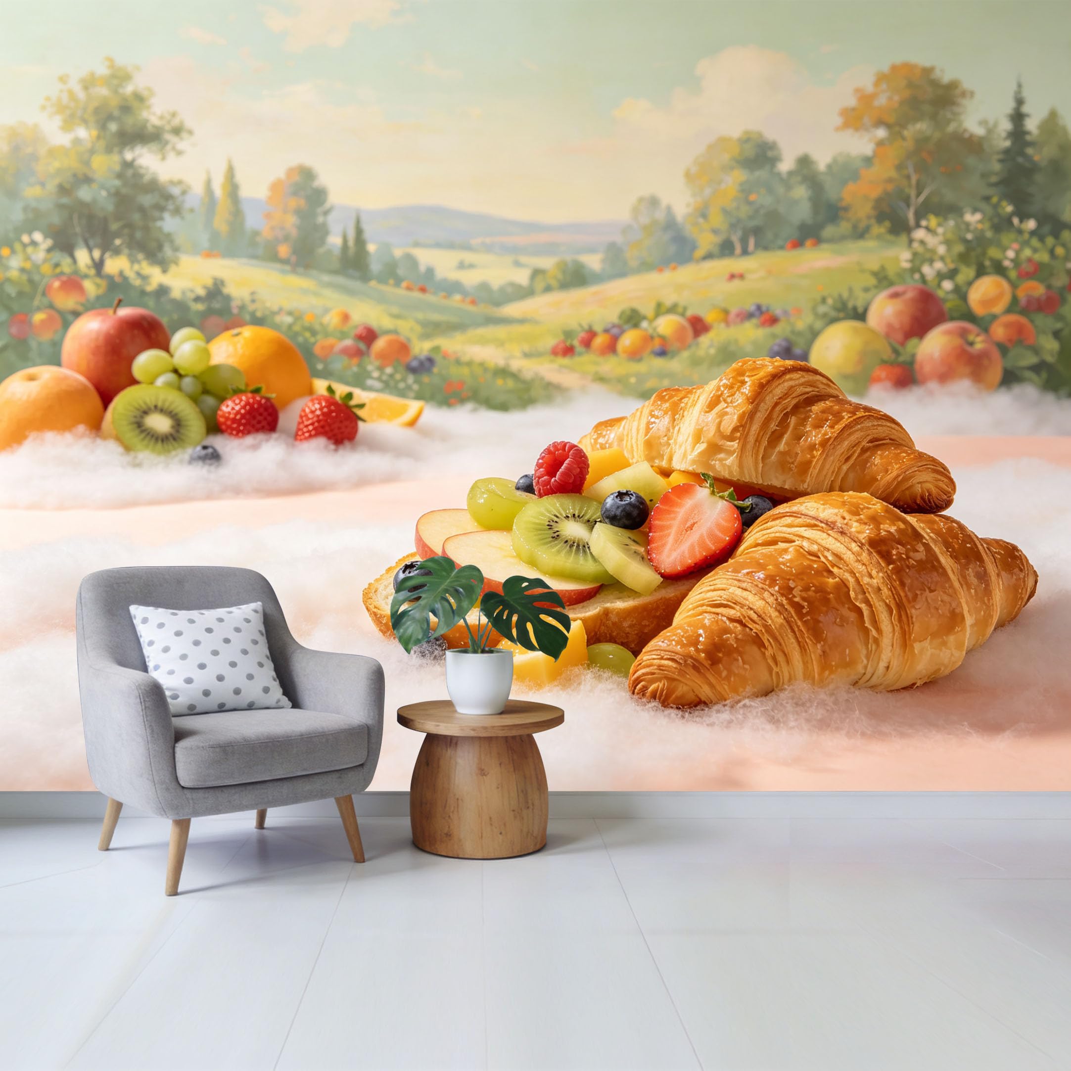 Qzlithotic Yq2605250337 Custom Size Wall Mural Fresh Croissant And Mixed Fruit Landscape Oil Painting Style Selfadhesive Wall Fabric Removable Wallpaper For Home Office Decor