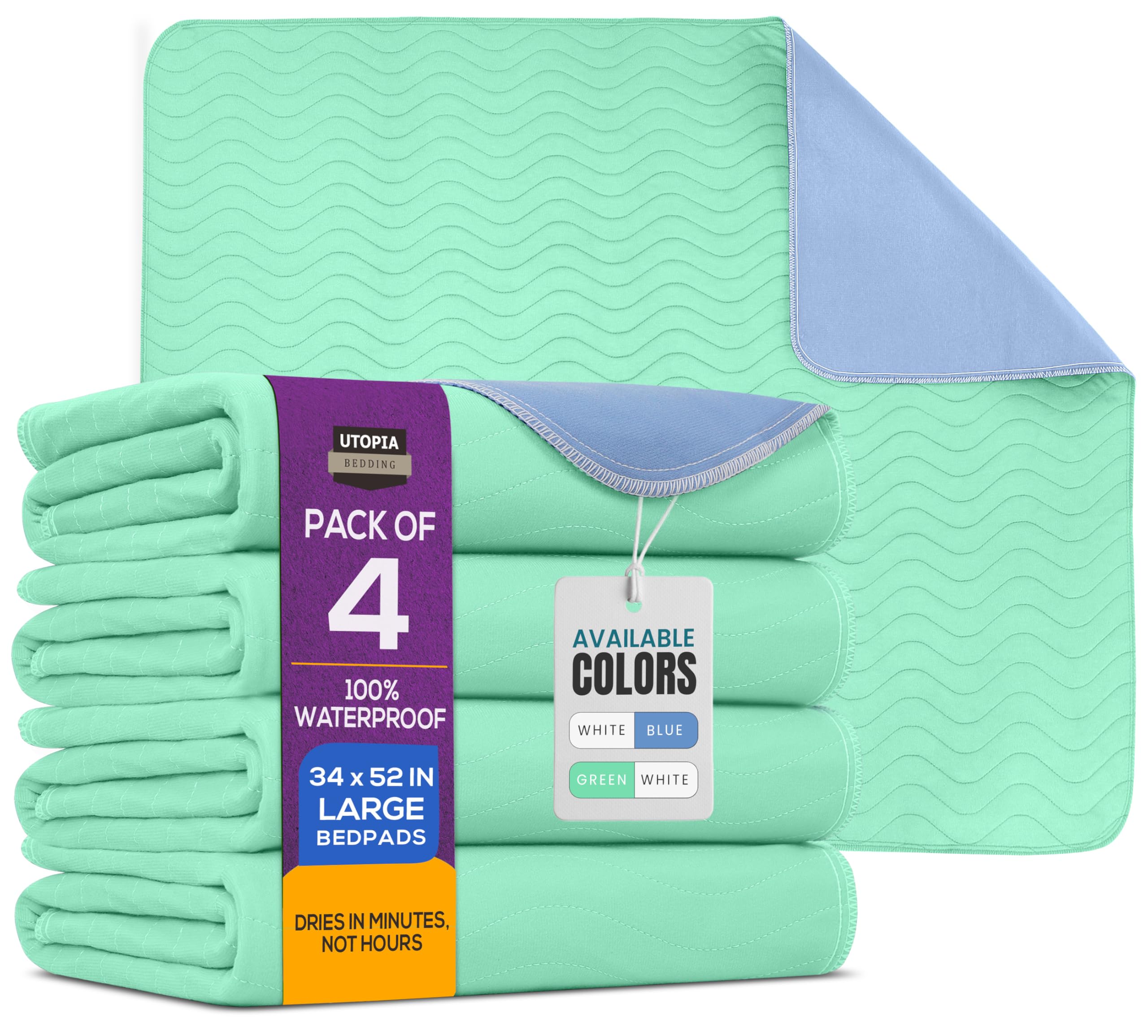 Utopia Bedding Washable Pee Pads for Dogs 34" x 52" (Pack of 4), Waterproof Incontinence Bed Pads for Adults, Elderly and Kids, Heavy Absorbency Pet Training Pads for Sofa and Couch (Green,Blue)