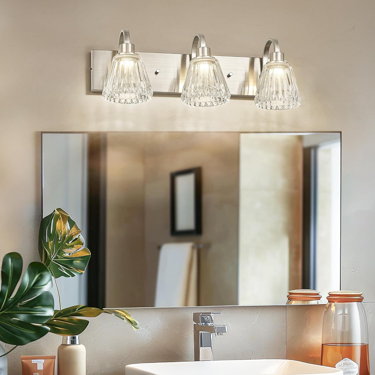 Emliviar 3-Light Bathroom Vanity Light, 23 Inch 15W LED Bathroom Light Fixtures, 5CCT Adjustable, Brushed Nickel Finish with Fluted Ripple Glass, HE290B-3W BN