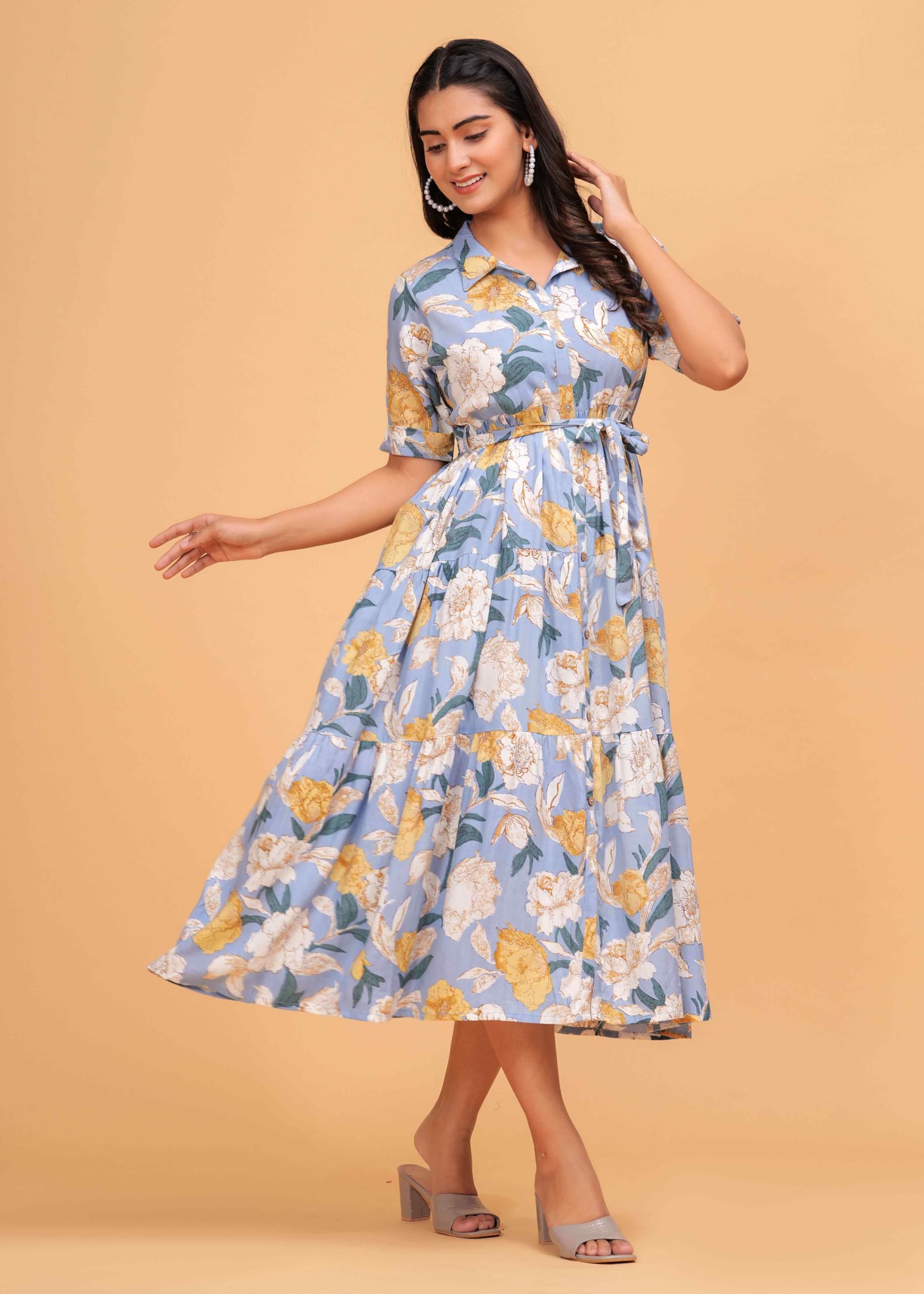 Jikonet Women's Western Dress Floral Printed Cotton Maxi Dress, (Xxx-Large, Light Blue)