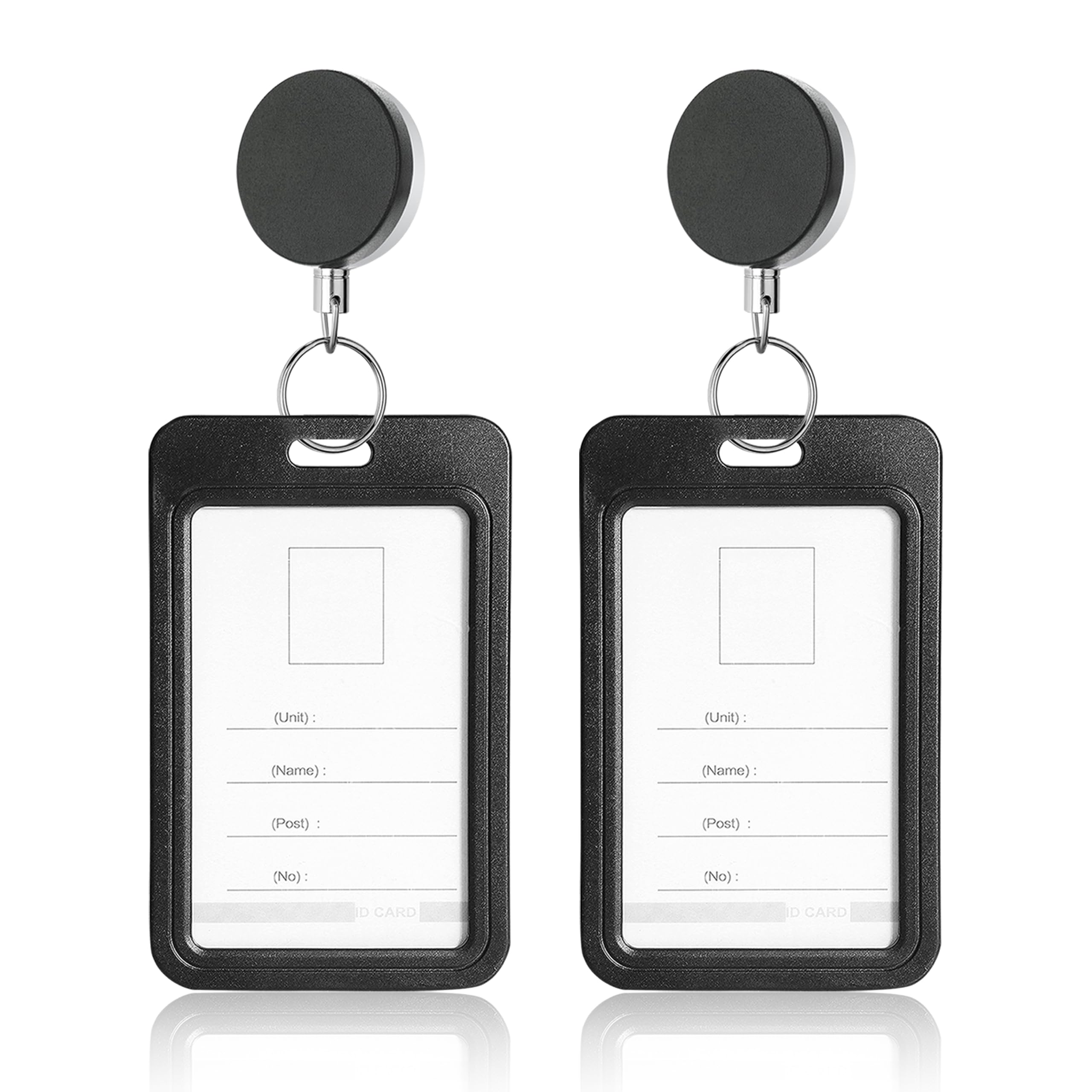 GLUN® Pack of 2 Metal Badge Id Card Holders with Vertical Silicon Card Holder for Office Employee and Staff Retractable YOYO Badge Reel Steel and Black Lanyard for Id Cards