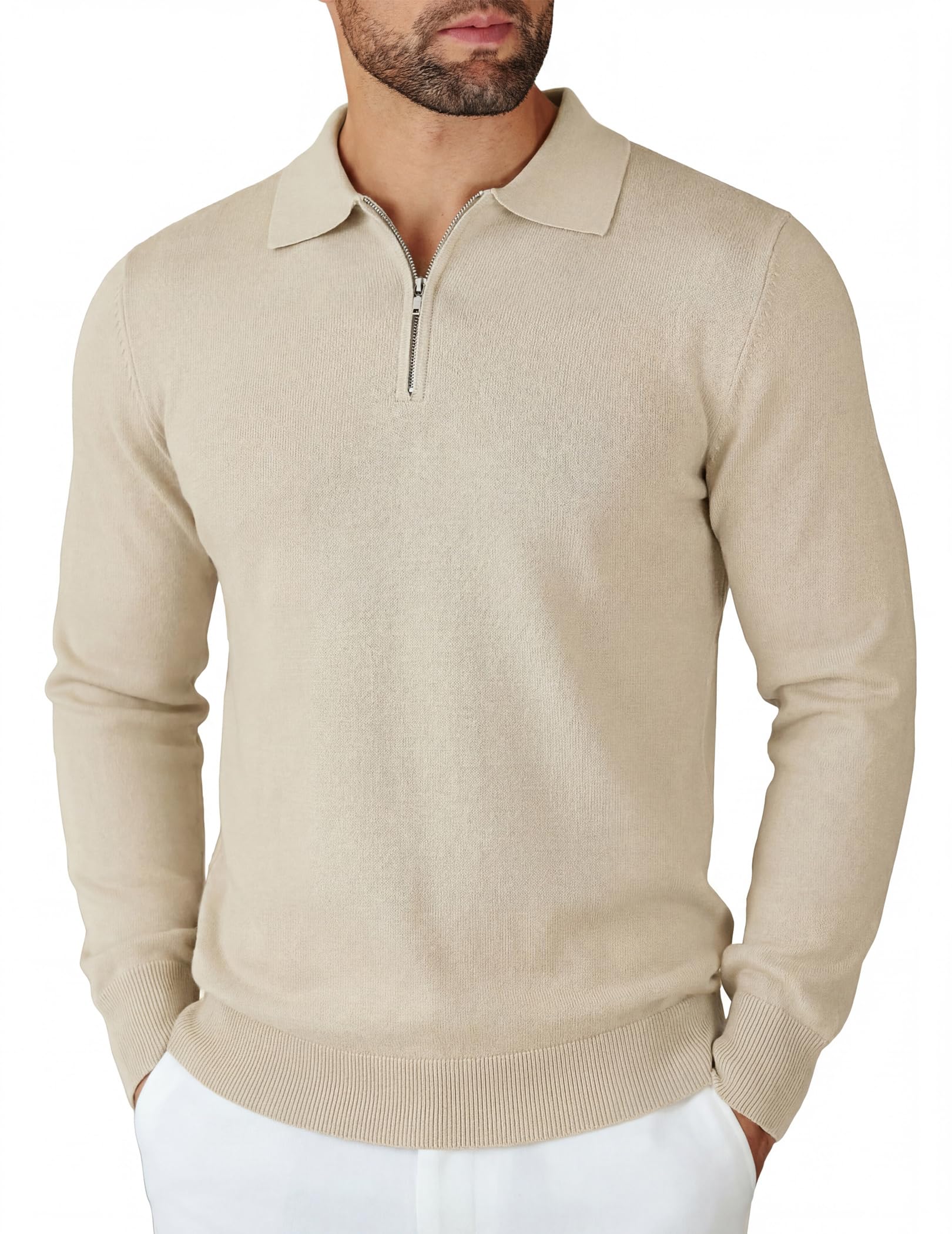 COOFANDY Herren Langarm Polo Pullover mit Reißverschluss Strickpullover | Half Zip Poloshirt, Polokragen Pullover, Winterpullover für Business Freizeit
