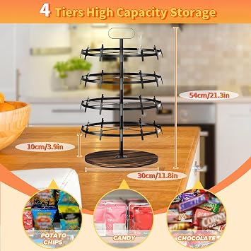 4 Tier Rotating Chip Rack Display Stand with 48 Clips, Countertop Chip Bag Holder with Wooden Base, Rustic Snack Organizer for Party Retail Concession Stand (Black)