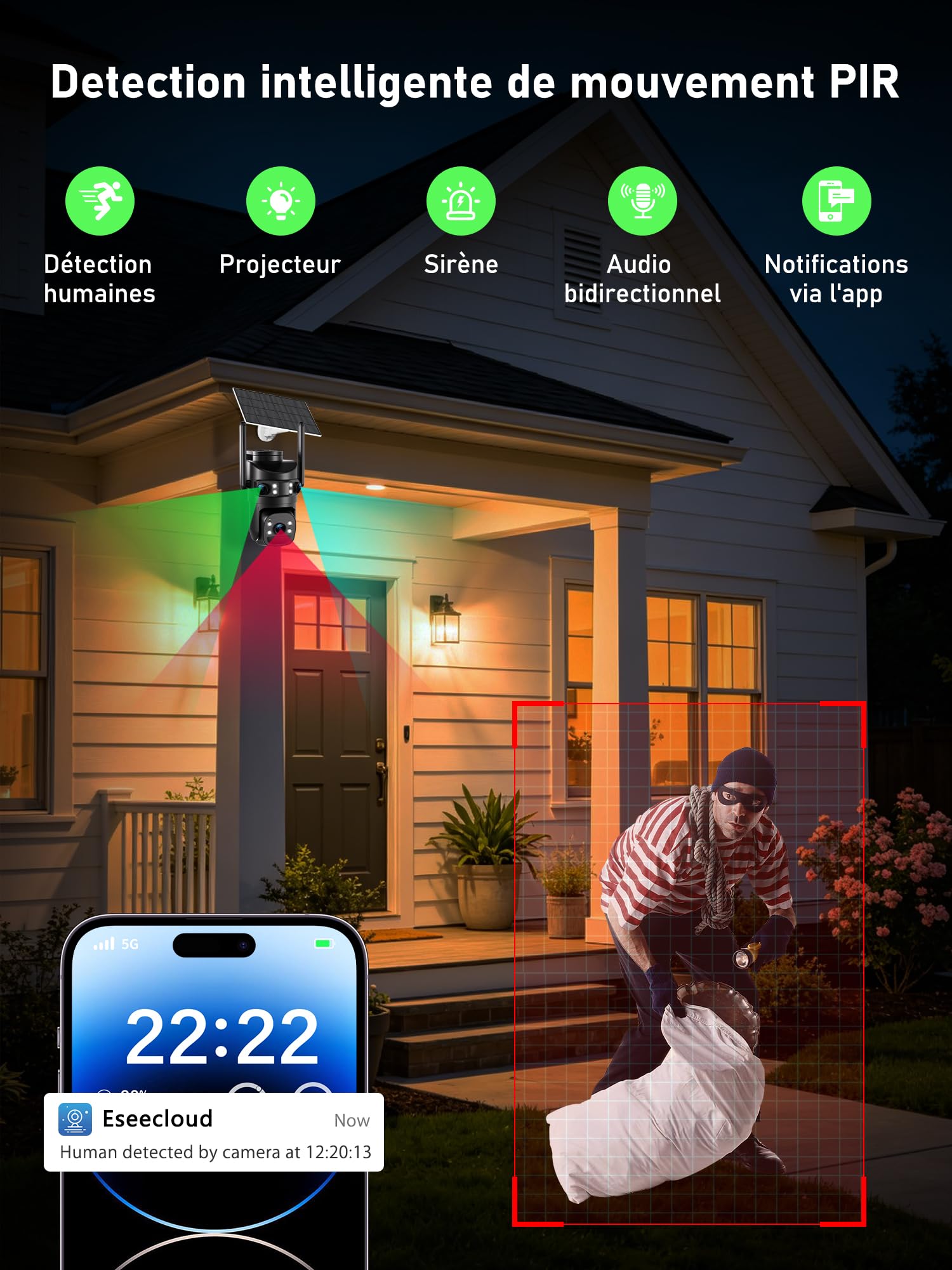 4K Camera Vigilancia WiFi Exterior Inalámbrico, Triple Objetivo/Cámara Solar/Batería, 360° PTZ Seguridad en el hogar, Visión Vocturne 30M, Alarma, Audio bidireccional, Seguimiento automático,2PCS