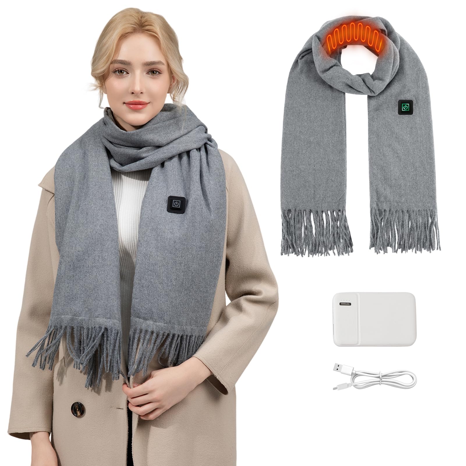 Heated Scarf for Women, Intelligent USB Electric Neck Heating Scarf with 5000mAh Rechargeable Battery, Cordless Winter Warming Wrap, Soft Breathable Heating Pad for Outdoor Cold Weather