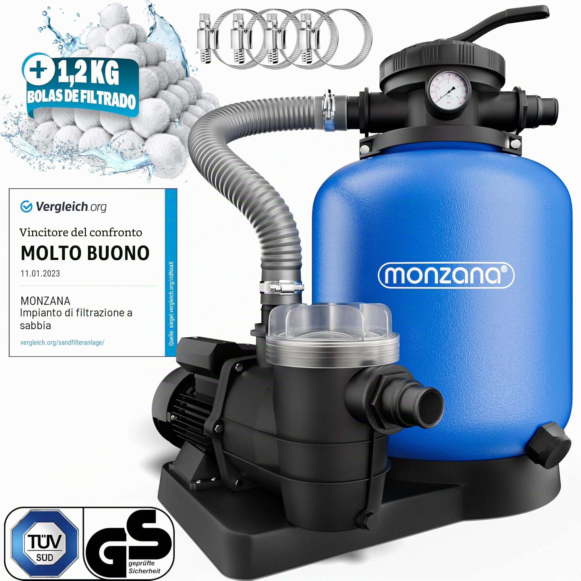MONZANA® Filtro per Piscina a 7 Vie 11.000 L/h Serbatoio 30L Valvola 7 Vie Sfere Filtranti da 700g