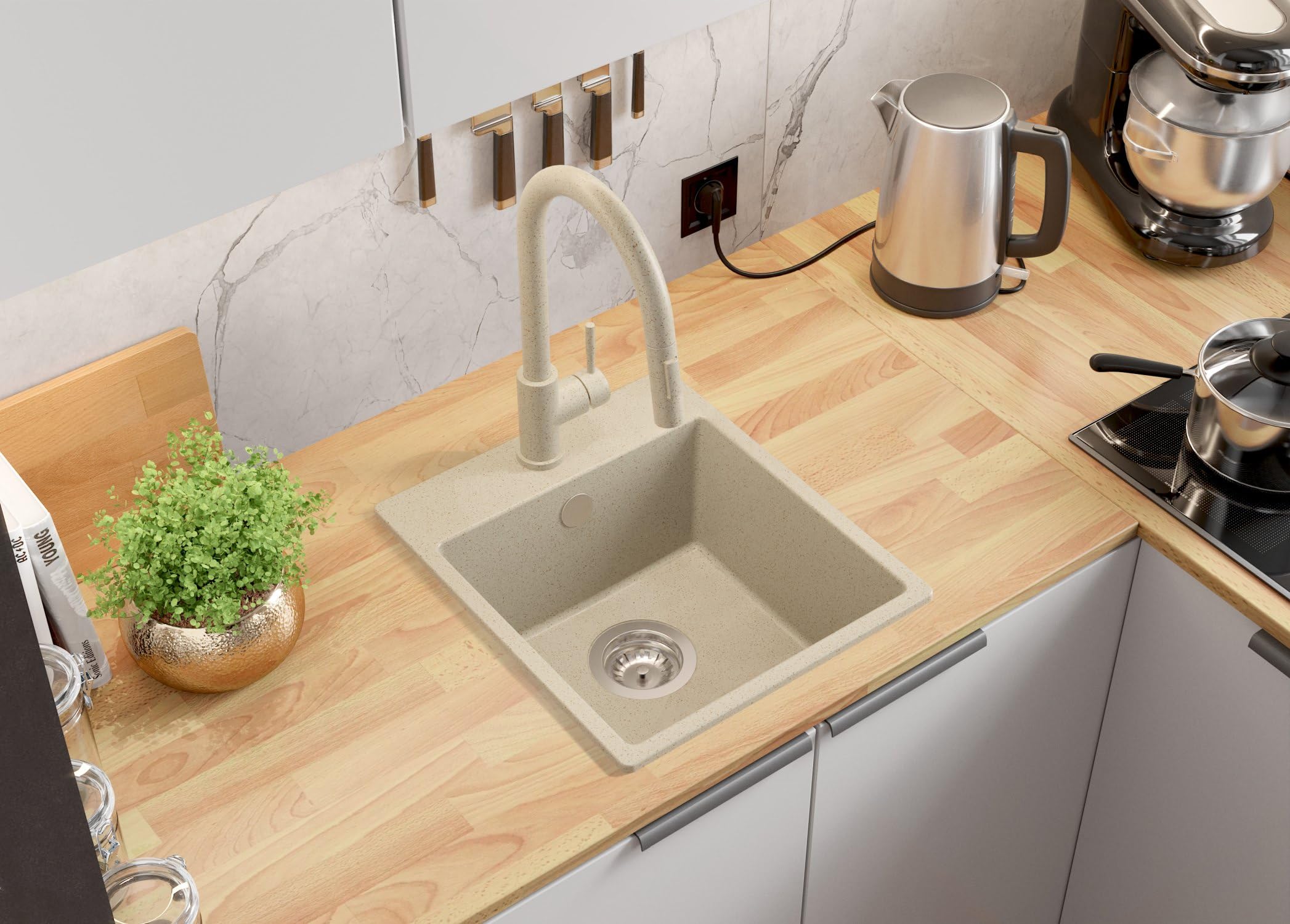 PRIMAGRAN Fregadero Cocina Beige - Riga Easy, 38x44cm | Granito 1 Seno + Set de accesorios, sobre Encimera al Mueble 40cm (S040)