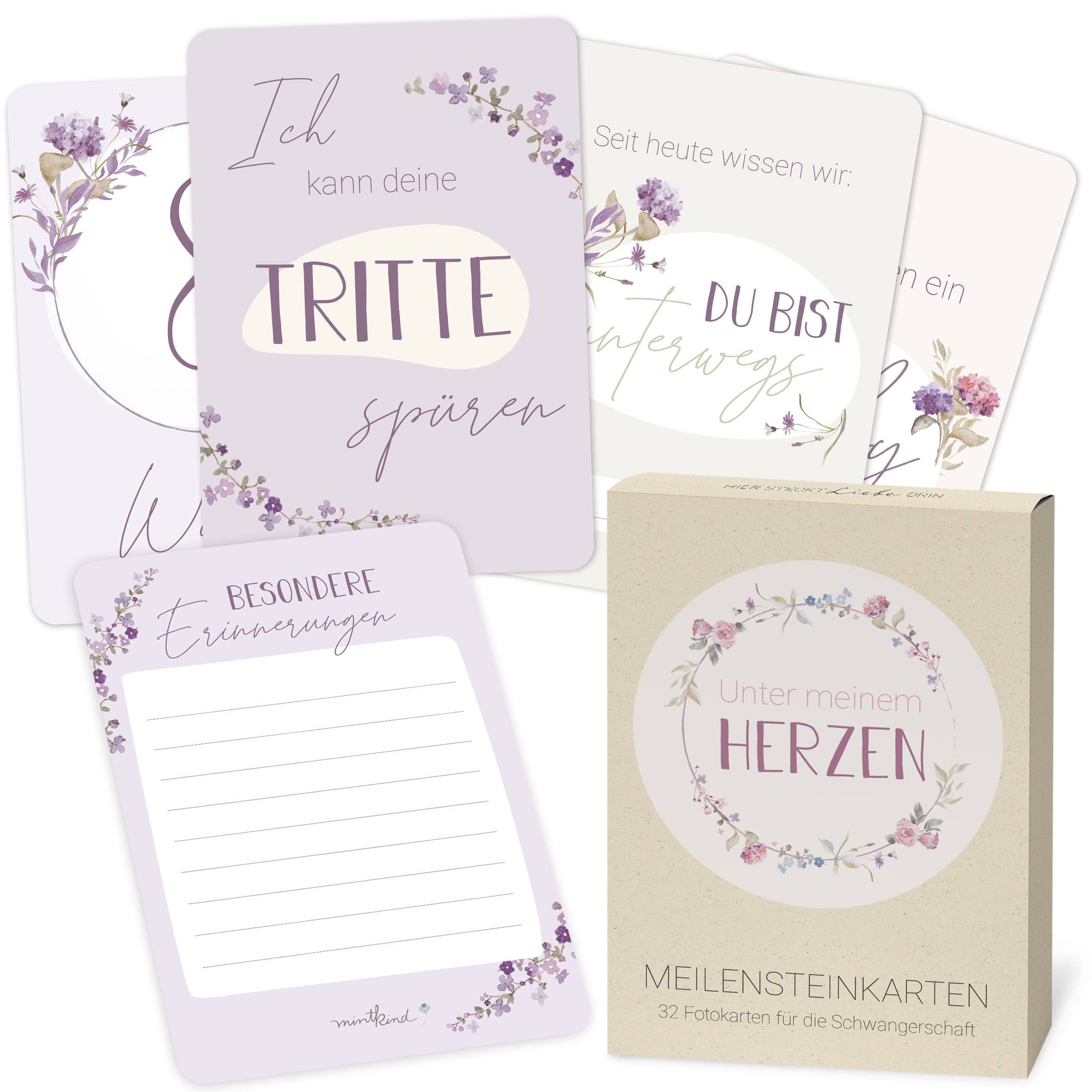 Mintkind ® Meilensteinkarten Schwangerschaft | Wundervolle Geschenkideen für werdende Mütter | Schwangerschaft verkünden | 32 Meilensteinkarten im Set für zauberhafte Babybauch Fotos (Blumen Rosa)