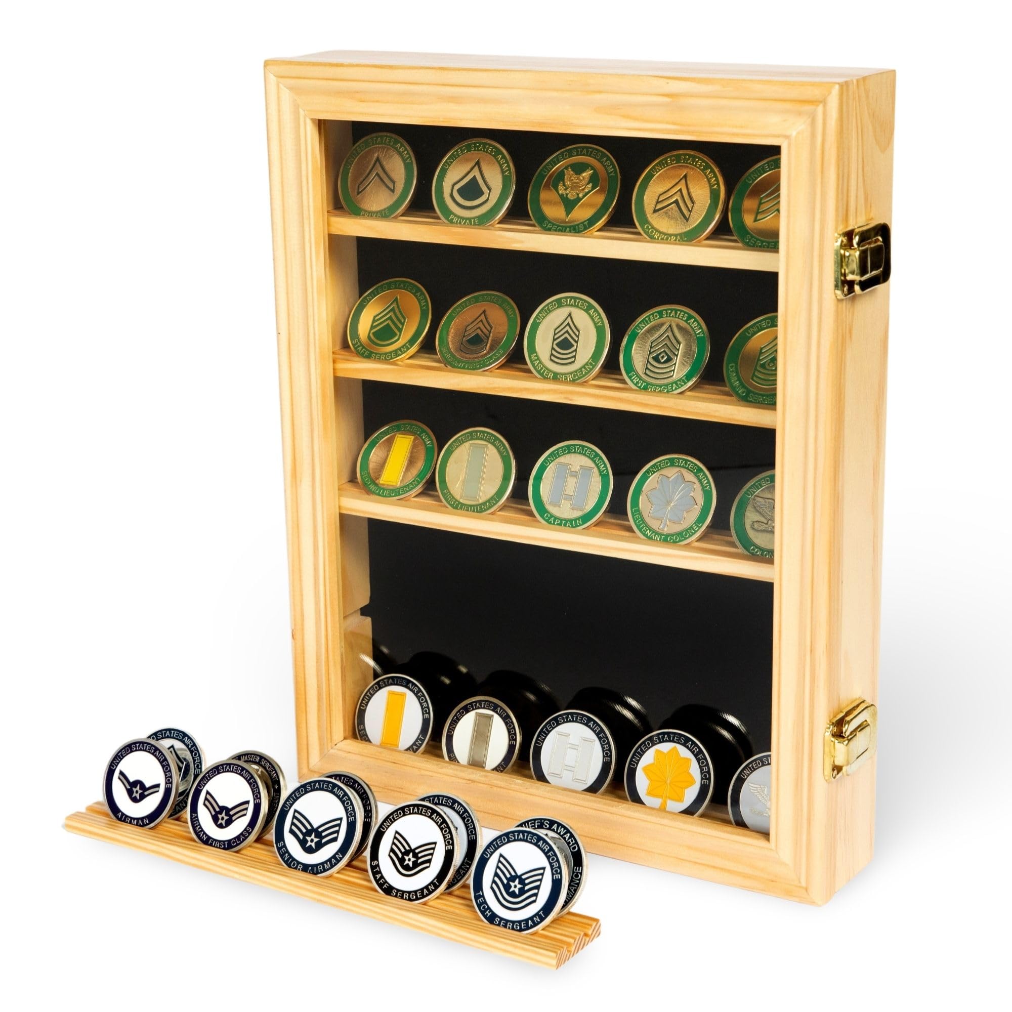 DECOMIL Challenge Coin Display Case |14"x 11"| Medal Display , Poker Chip Case | Display Shelf for Collectibles , 30 Coin , Oak Finish