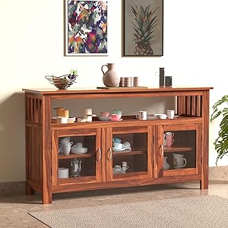 Solid Sheesham Wood Sideboard Cabinet for Living Room | Wooden Crockery Cabinet with 3 Acrylic Glass Door | Kitchen Display Unit | 3 Acrylic Glass Doors & 1 Shelf | Honey Finish