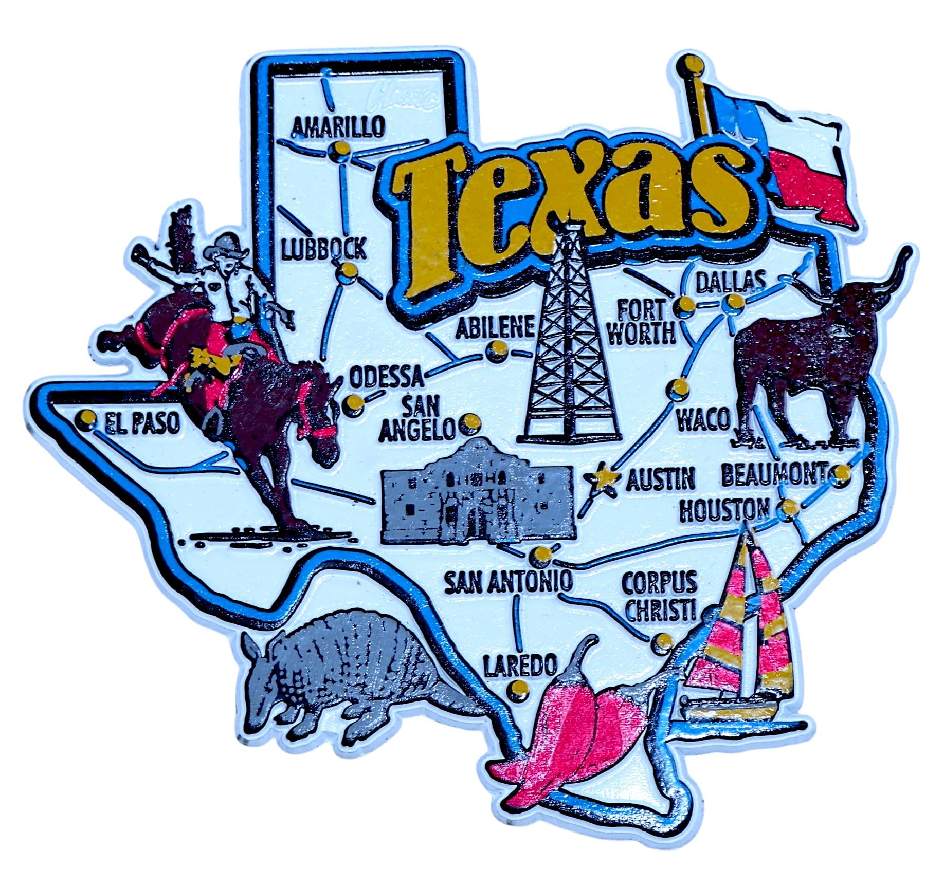 World By Shotglass Texas State Map and Landmarks Collage Fridge Collectible Souvenir Magnet FMC