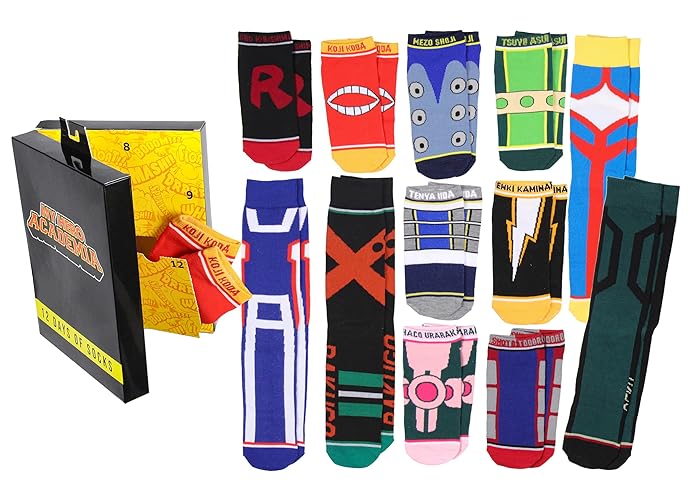 Seven Times Six My Hero Academia Men's 12 Days Of Socks Crew and Ankle Mix and Match Advent Gift Box Set 12 Pairs